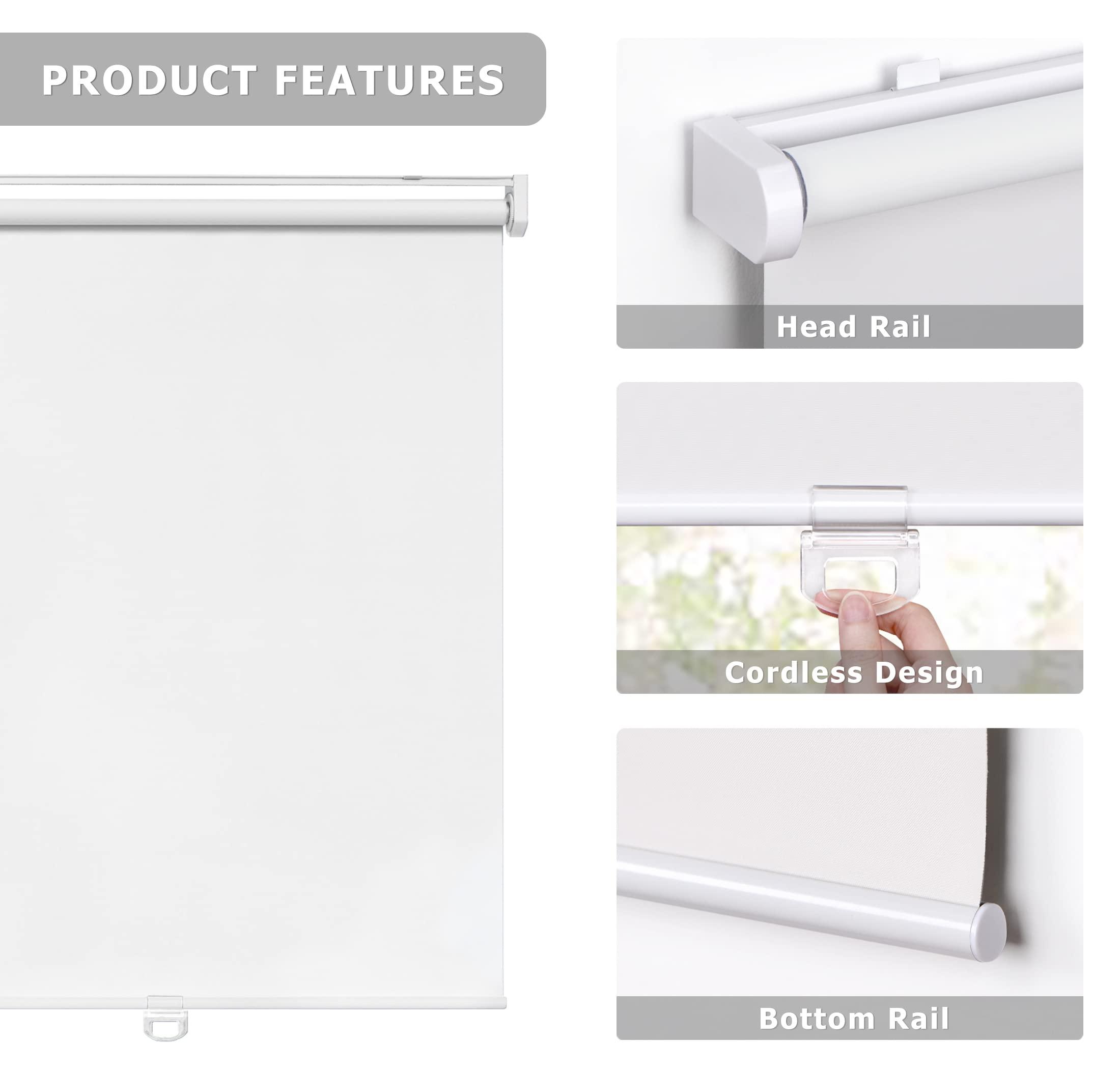 LazBlinds LazBlinds No Tools No Drill Cordless Roller Shades, 100% Blackout Roller Blinds for Windows, Thermal Insulated UV Protection Waterproof Roll Up Window Blinds and Shades, 31'' W x 48'' H, White