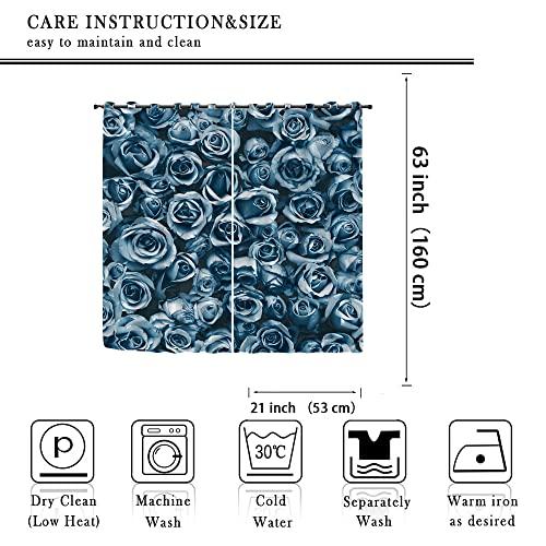 FCDM Blue Rose Window Curtain,Turquoise Rose Bathroom Set Decor Blackout Curtains Royal Blue Gray Home Bedroom Living Room Grommet Thermal Insulated Window Curtain/Drapes Panel 42x63 in