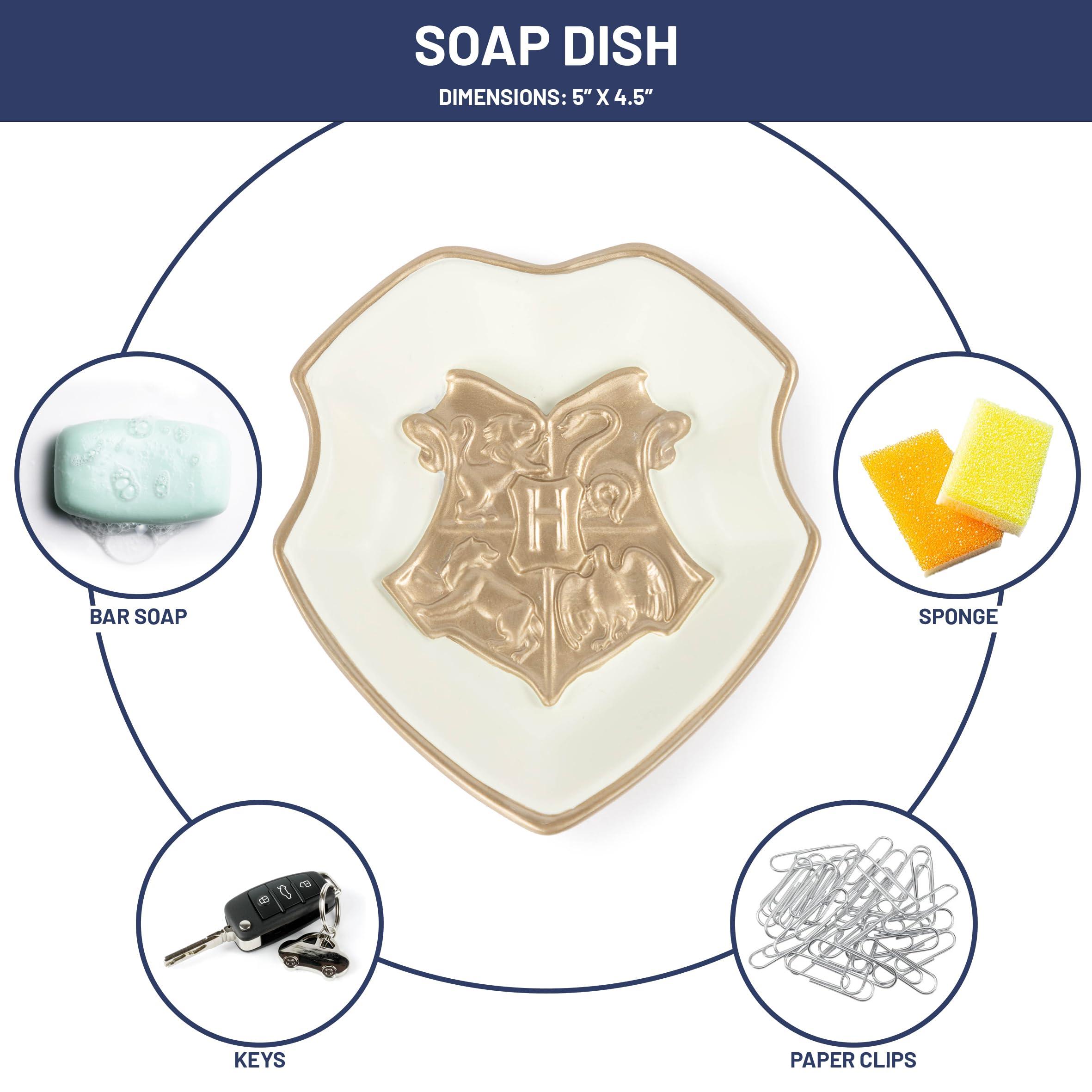 Jay Franco Harry Potter Bathroom Organizer Set - 4 Piece White and Gold Hogwarts Crest Accessories includes Resin Soap Dispenser, Soap Dish, Toothbrush Holder and Tumbler - Bathroom Dcor