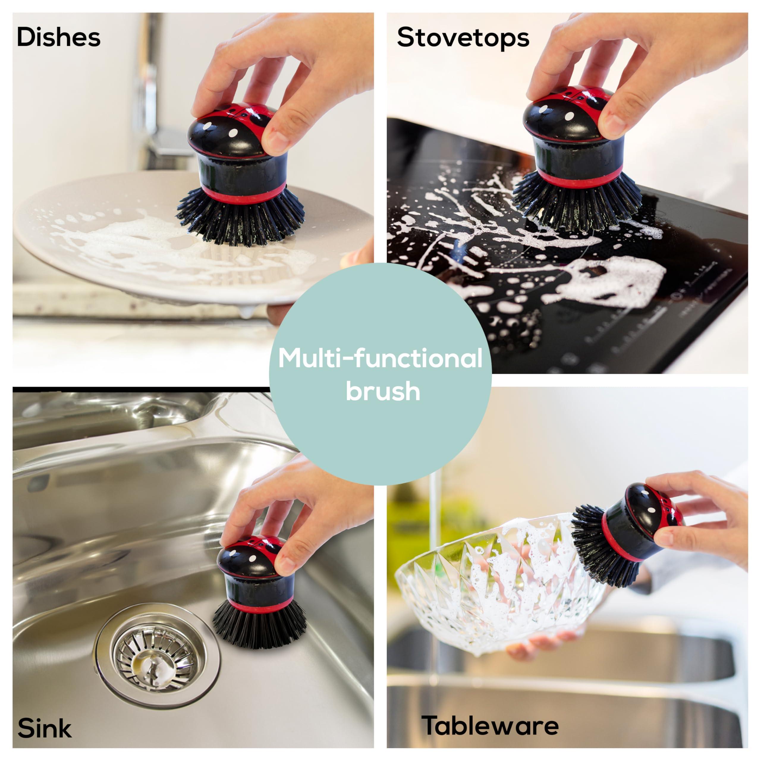 Vigar Vigar Ladybug Palm Dish Scrub Brush with Holder, Perfect Kitchen Brushes for Dishes, Sink Brush and Cleaning Brushes for Household Use, Red, Green