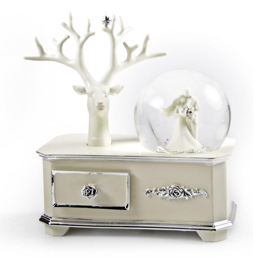 MusicBoxAttic Ivory Wedding Couple Musical Snow Globe ATOP of A Silver Accented Commode - Many Songs to Choose - Masquerade