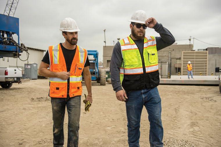 Kishigo Kishigo Premium Black Series Heavy Duty Unisex Reflective Safety Vest 1514, ANSI Type R / Class 2 Compliant, 6 Pockets - Pencil & Radio Pockets, Reflective Silver Lining & Black Trim (Orange, M)