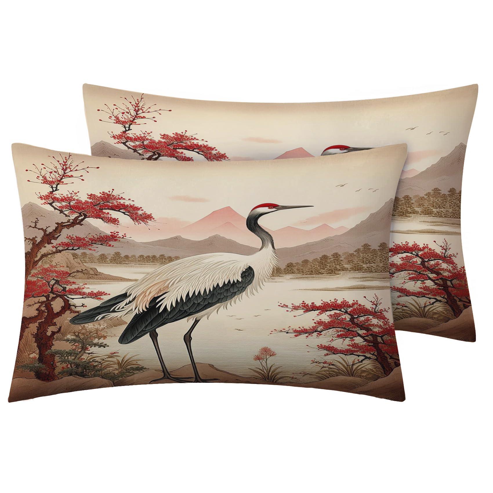 Zhrylliq Zhrylliq Japanese Crane Sheets Twin Size, Cherry Blossom Bed Sheets & Bedroom Decor, Asian Bedding Set 3 Piece - 16 Inch Deep Pocket Fitted Sheet,1 Flat Sheet, 1 Pillow Case, Microfiber