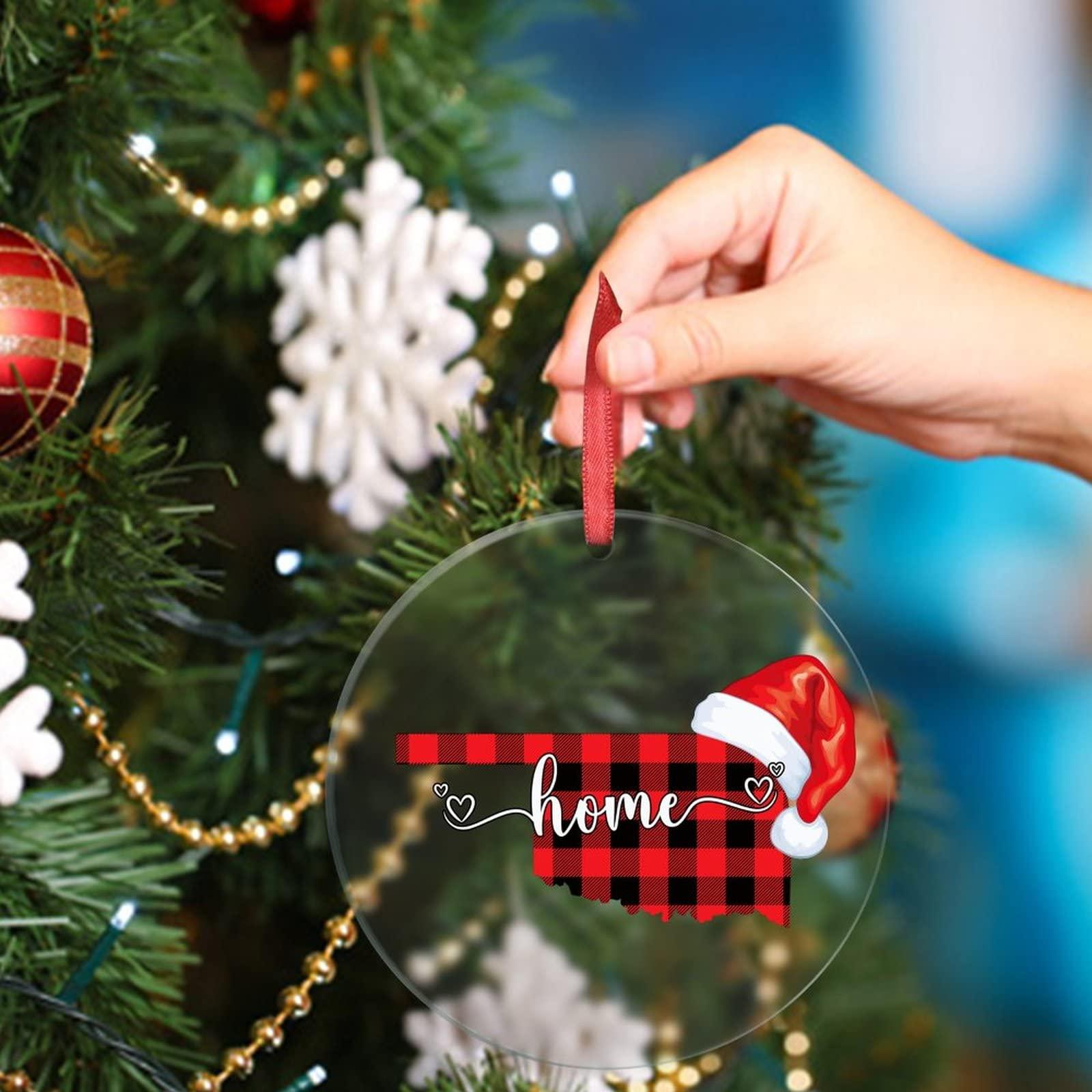 godblessign Buffalo Plaid Map Christmas Hat Christmas Ornaments 2022 Oklahoma State Ornaments for Christmas Trees Sweet Home Acrylic Personalized Christmas Ornaments Christmas Keepsake Long Distance Xmas Gift