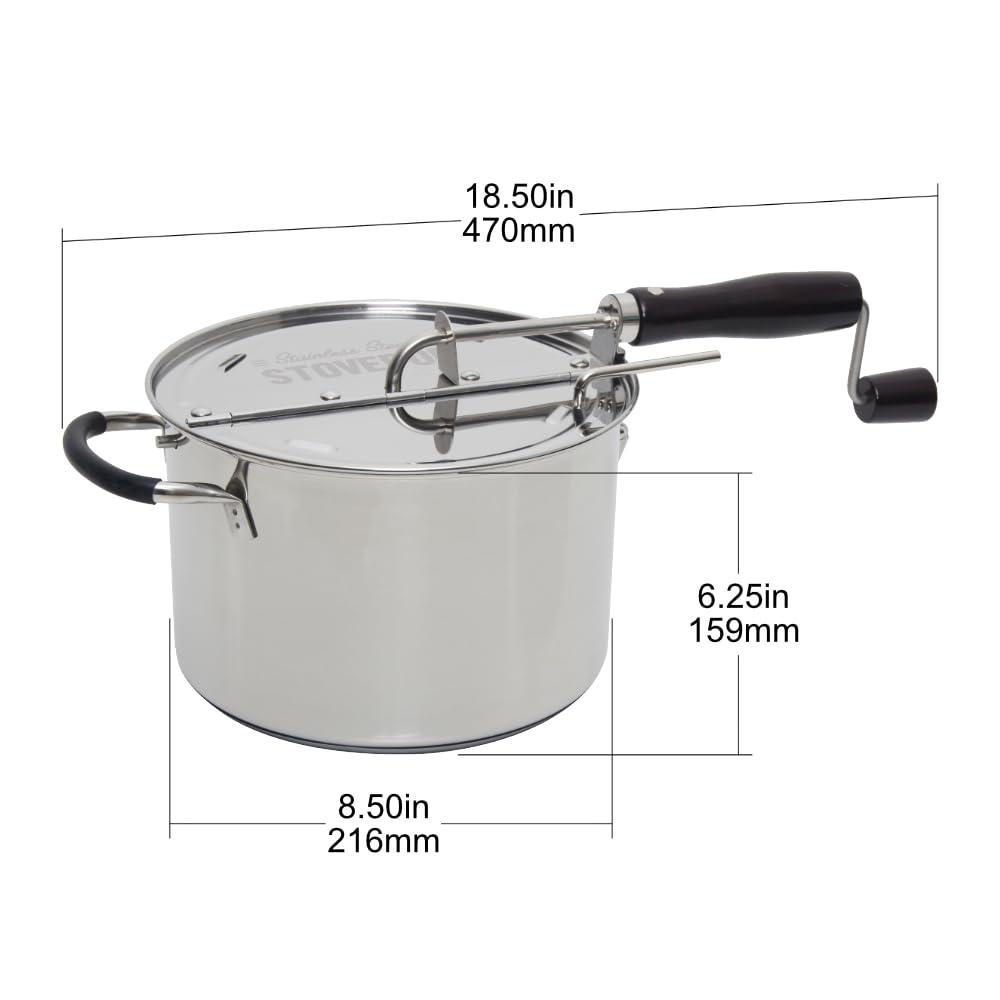 TIME FOR TREATS StovePop Stainless Steel Popcorn Popper - Gearless Hand Crank, Magnetic Lid, 6 Qt - Induction Range Compatible