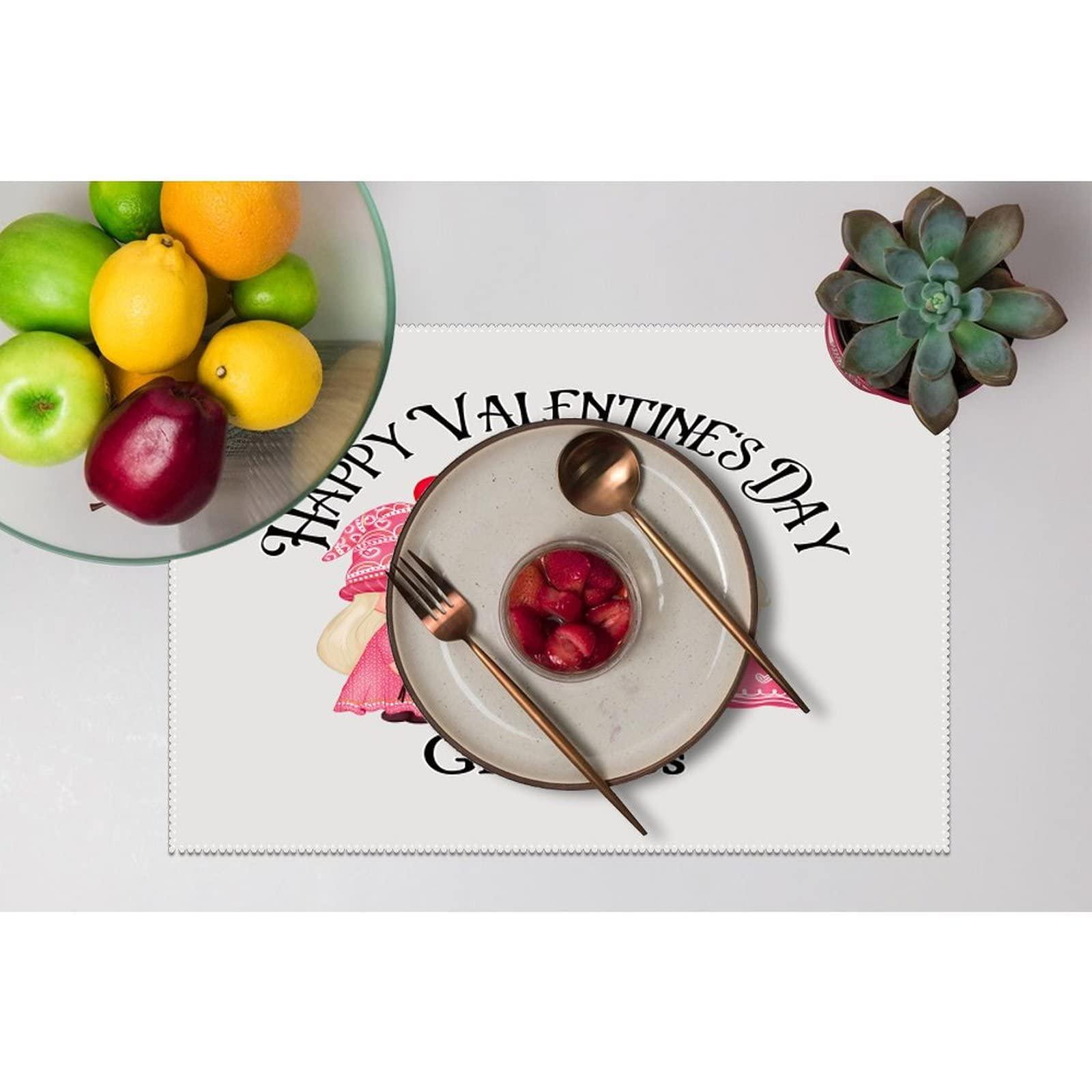 COVOME Happy Valentine\'s Day Gnomies Place Mats Set of 6 Modern Swedish Tomte Nisse Placemats for Dining Table Washable Easy to Clean Polyester Dining Table Place Mats for Dining Table Indoor Outdoor