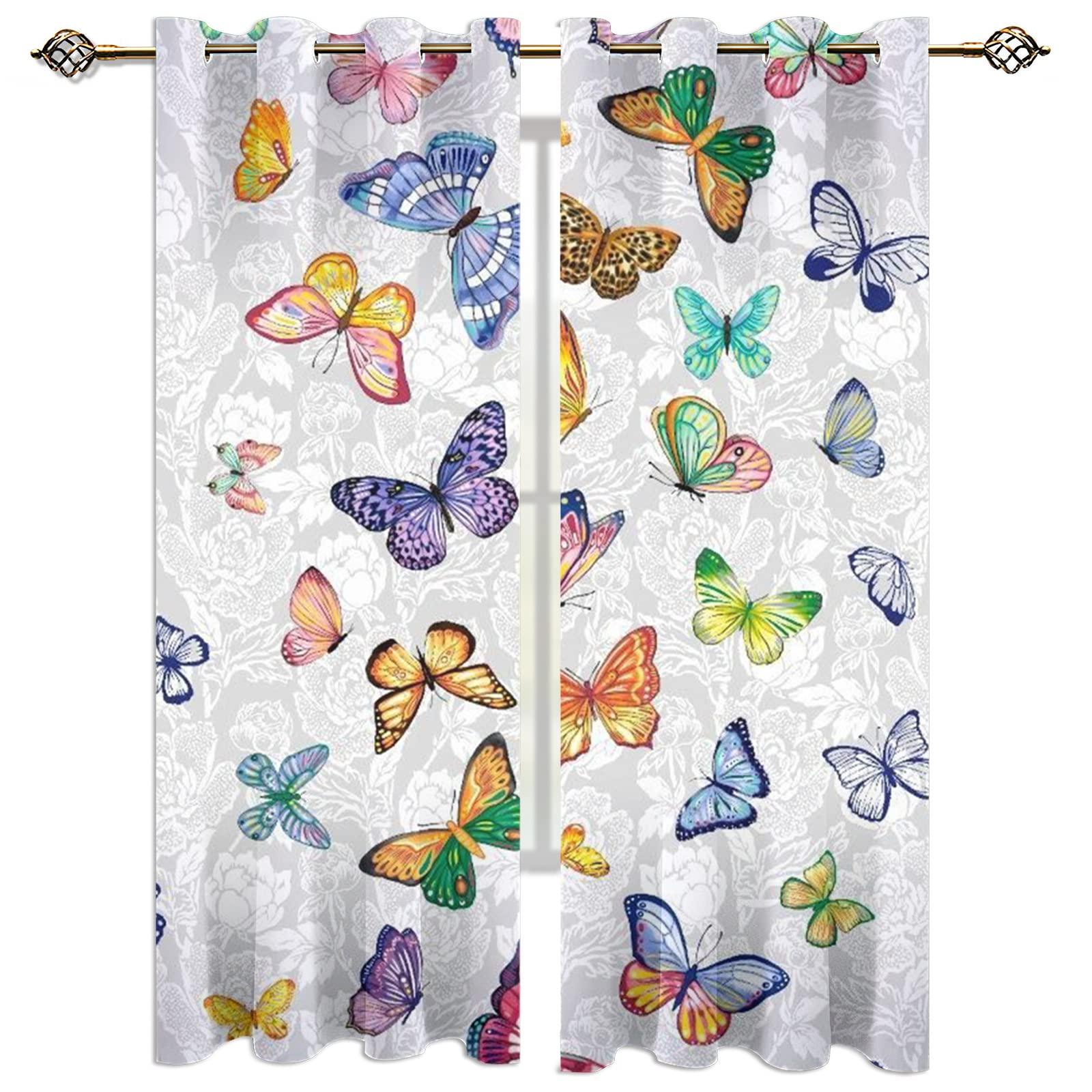 TOARTE TOARTE Colorful Beautiful Butterfly Window Treatments, Retro Floral Background Blackout Curtains for Bedroom, Grommet Thermal Insulated Window Curtain for Bedroom Living Room Patio - 72x108in