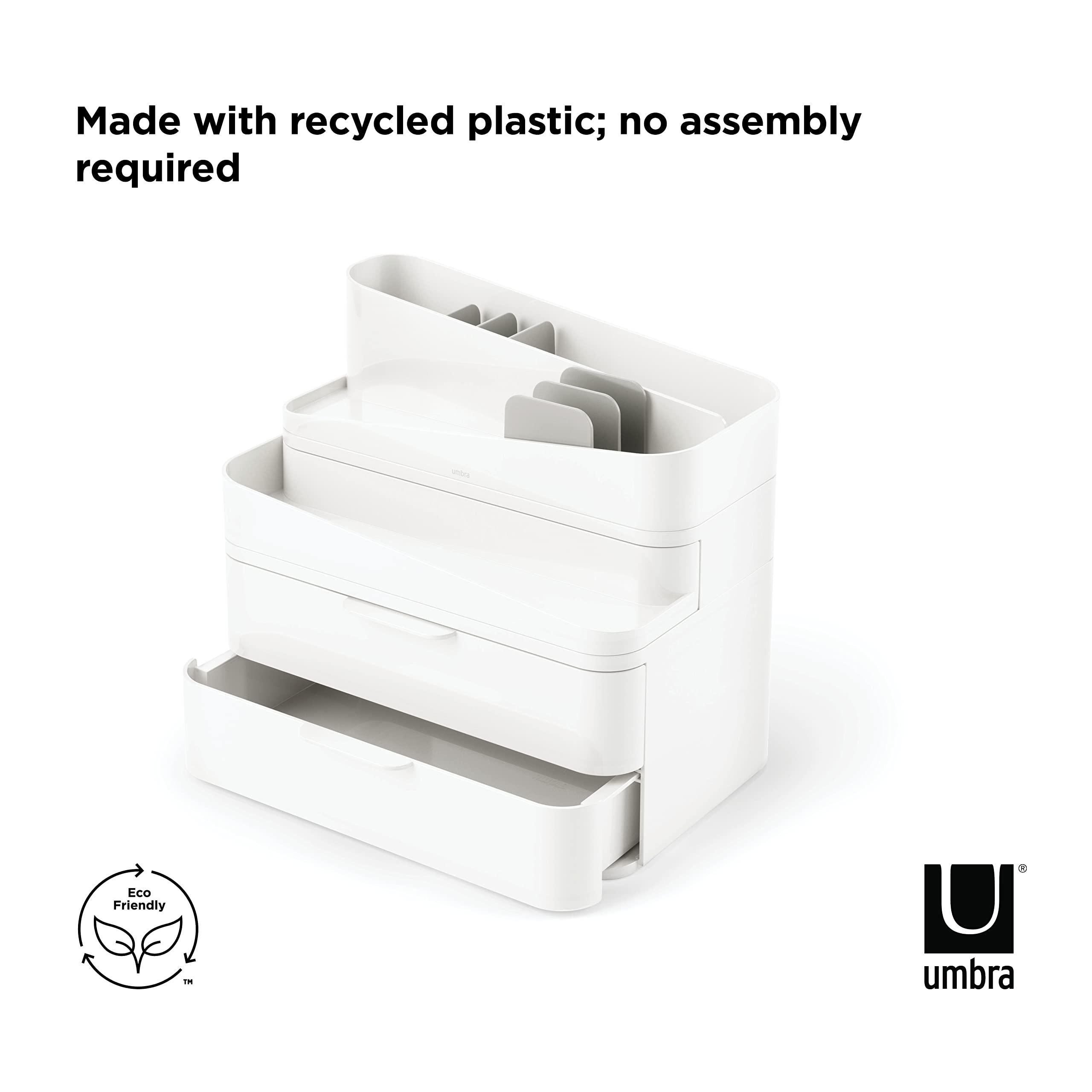 Umbra Umbra Glam Organizer, Large Cosmetic and Makeup Organizer with Three Drawers, Rubber Feet and Removable Dividers, White/Grey