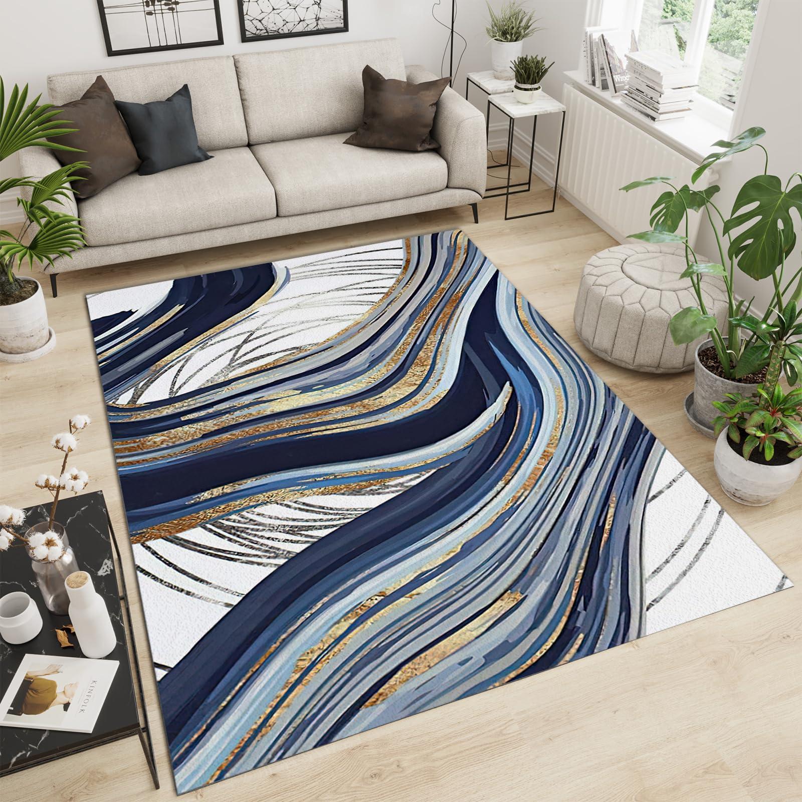 Rtaayt European Style Area Rugs, Blue Gold Abstract Graffiti Art Painting Floor Carpet, Modern Short Pile Soft Foldable Washable Non-Slip Rug for Apartment Kitchen Home Office Decor Mats-6ft x 9ft