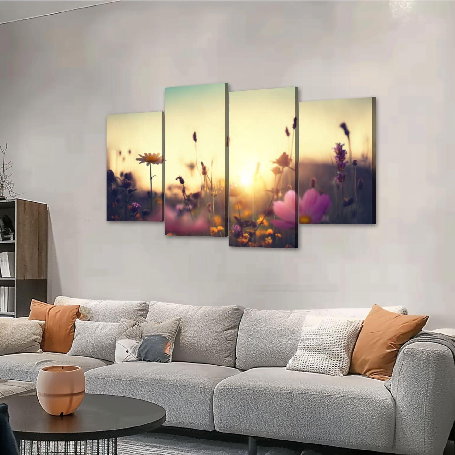 CXHSZHYZYQ CXHSZHYZYQ Canvas Wall Art Prints Pictures Summer Meadow Framed Posters Modern Wall Painting Artwork Gift Home Decor for Living Room Ready to Hang 4 Panel