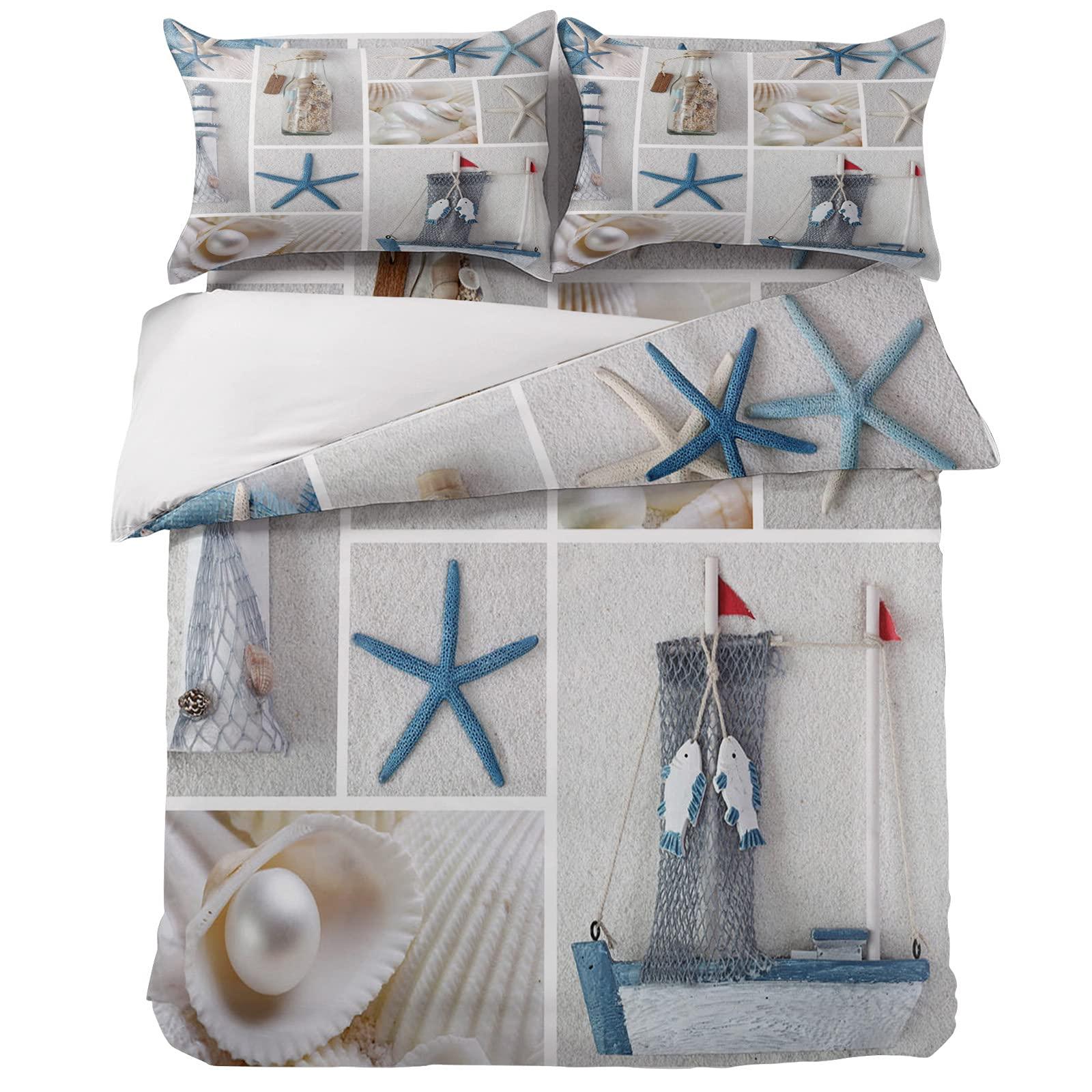 Chucoco Chucoco Twin Duvet Covers Set Coastal Lighthouse Sailboat Starfish Marine Life 4 Pcs Bedding Sets Brushed Microfiber Quilt Covers Lightweight Cozy Flat Sheet with 2 Pillowcases Ocean Elements