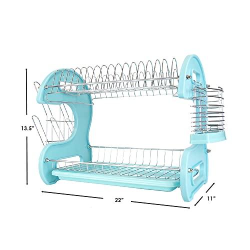 Home Basics Home Basics 2 Tier Dish Drainer (Turquoise) Dish Rack for Kitchen Counter, with Cutlery Holder and Cup Slots