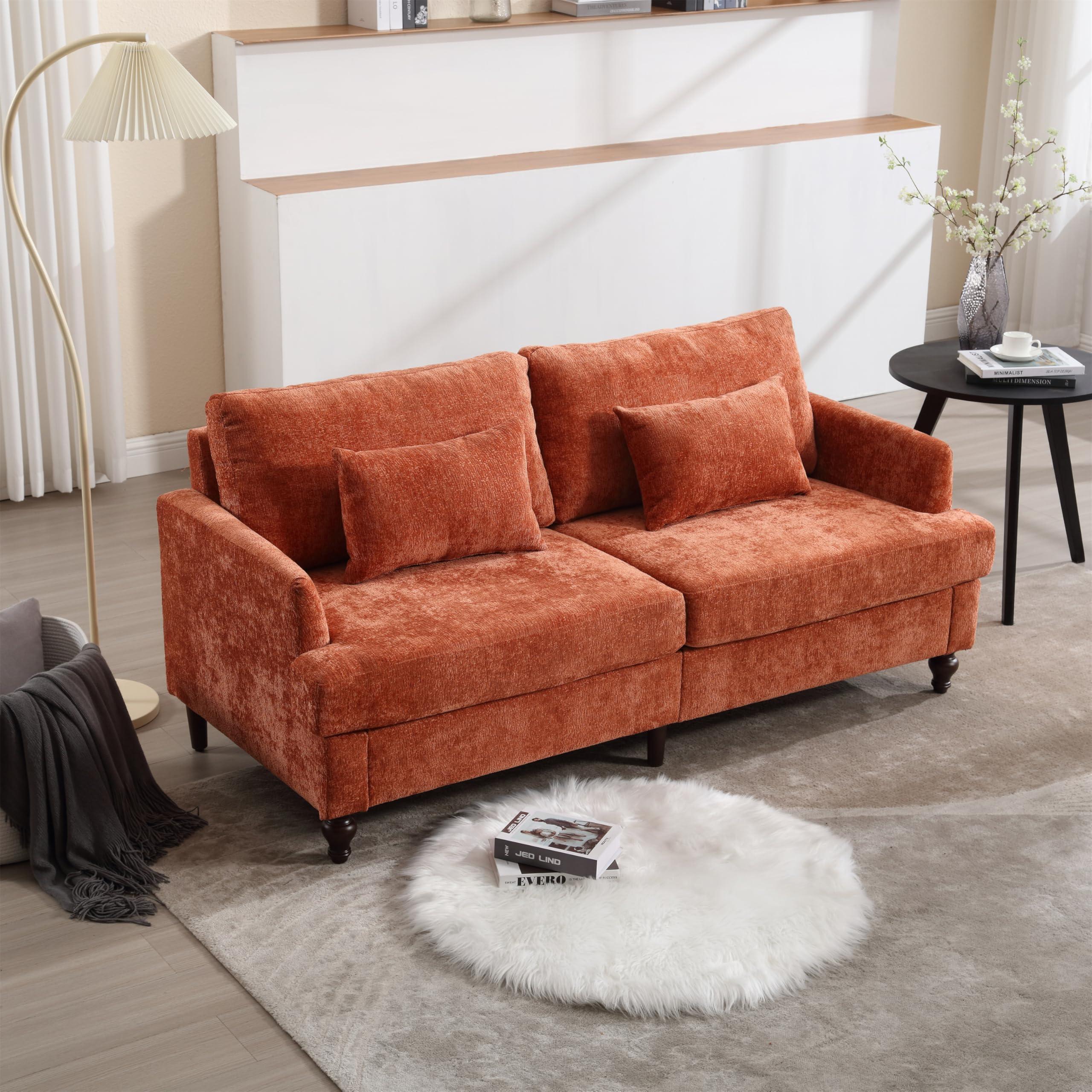 LIANGFU 68.9" Mid Century Modern Sofa, Loveseat Sofa, Chenille Upholstered Sofa, Two Seater Couch, Mini Cloud Couch, Comfy Couches for Living Room, Lounge Sofa with Brown Wood Feet for Bedroom (Dark Orange)