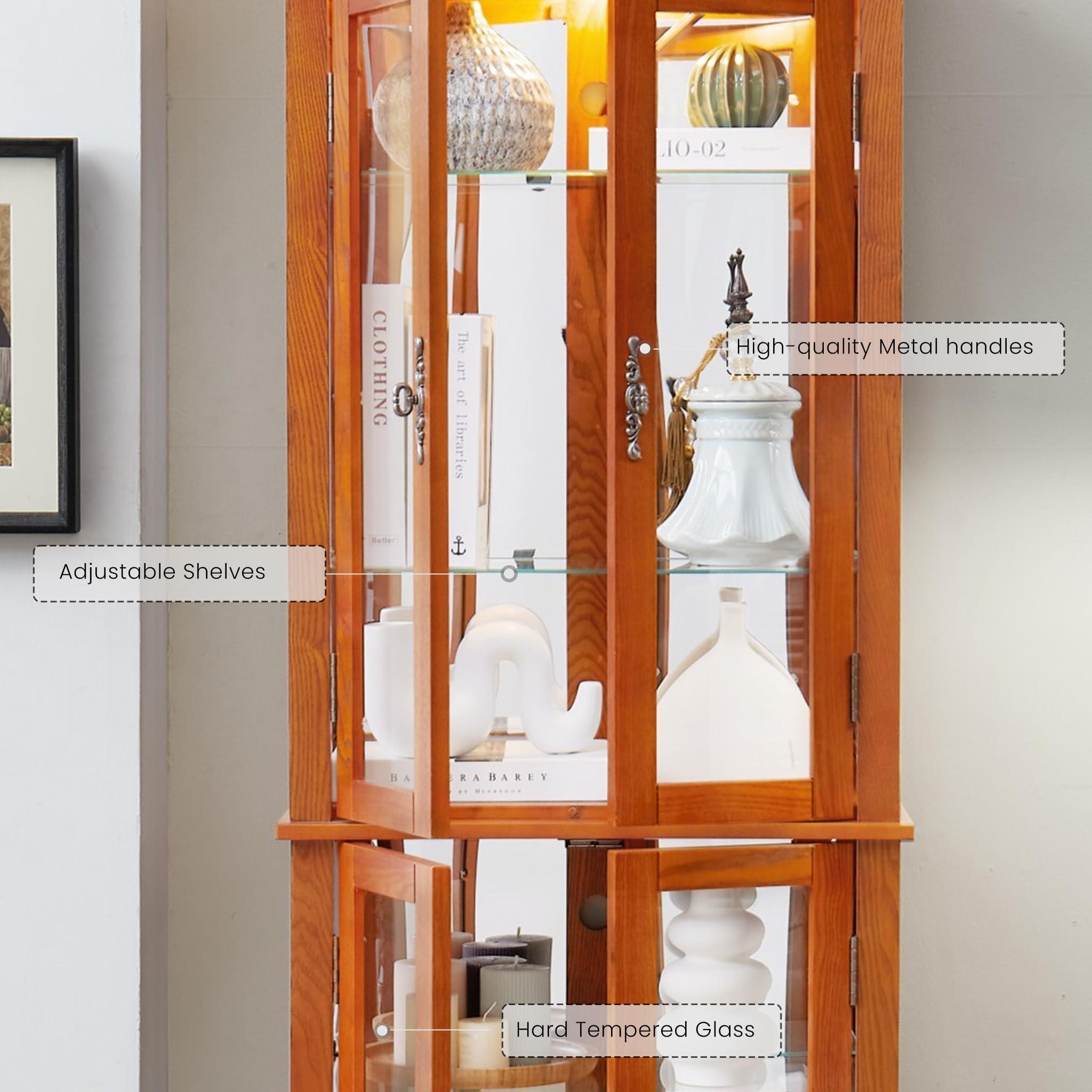 CKEASEAN CKEASEAN Curio Cabinet 71" Lighted Glass Display Cabinet, Wooden China Cabinet with 6 Adjustable Shelves, Tempered Glass Doors, Light Bulb Included, Rack for Living Room (Dark Oak)