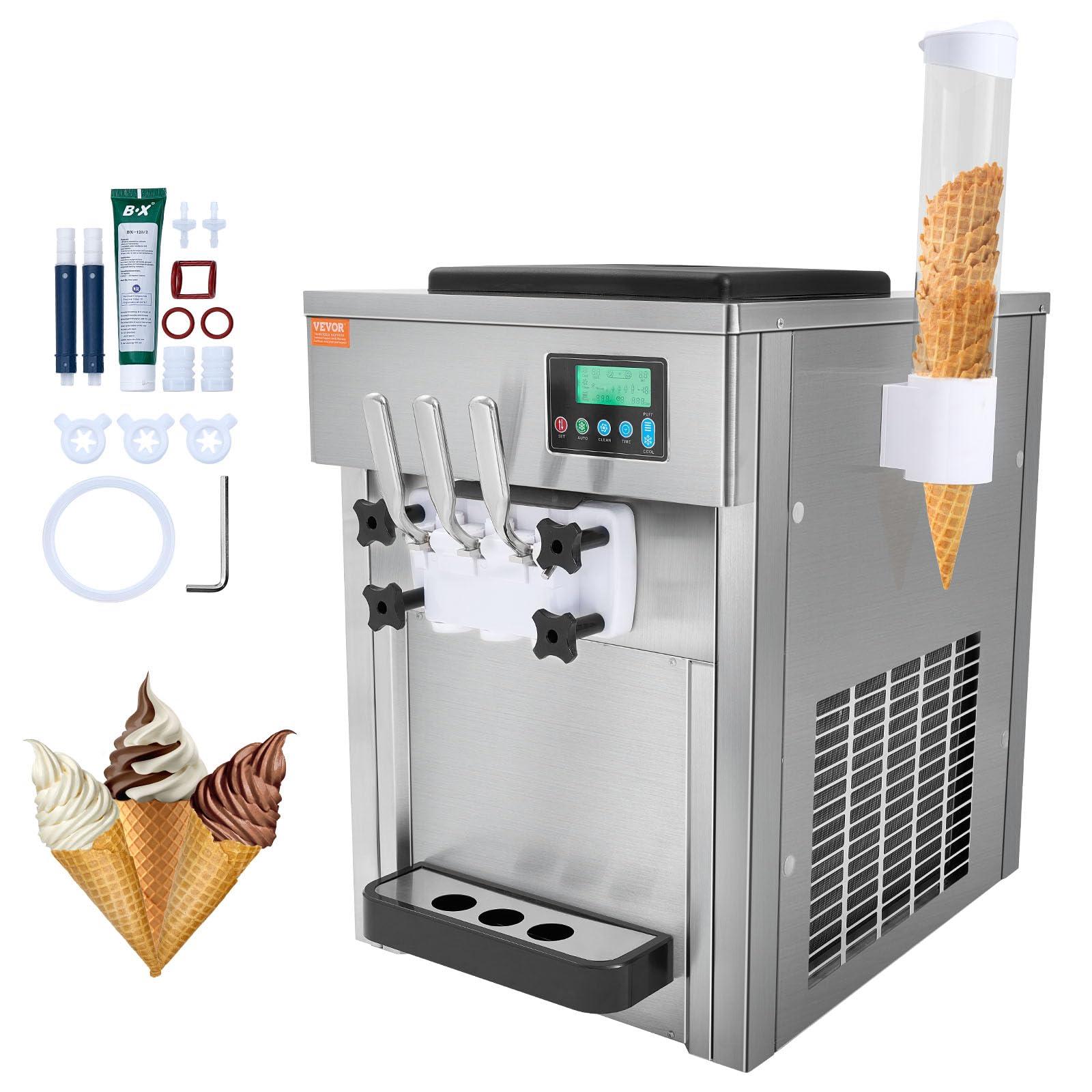 VEVOR VEVOR Commercial Ice Cream Machine, 21 QT/H Yield, 1800W 3-Flavor Countertop Soft Serve Ice Cream Maker, 2 x 4L Hopper 2 x 1.8L Cylinder, LCD Panel Auto Clean Pre-cooling, for Restaurant Snack Bar