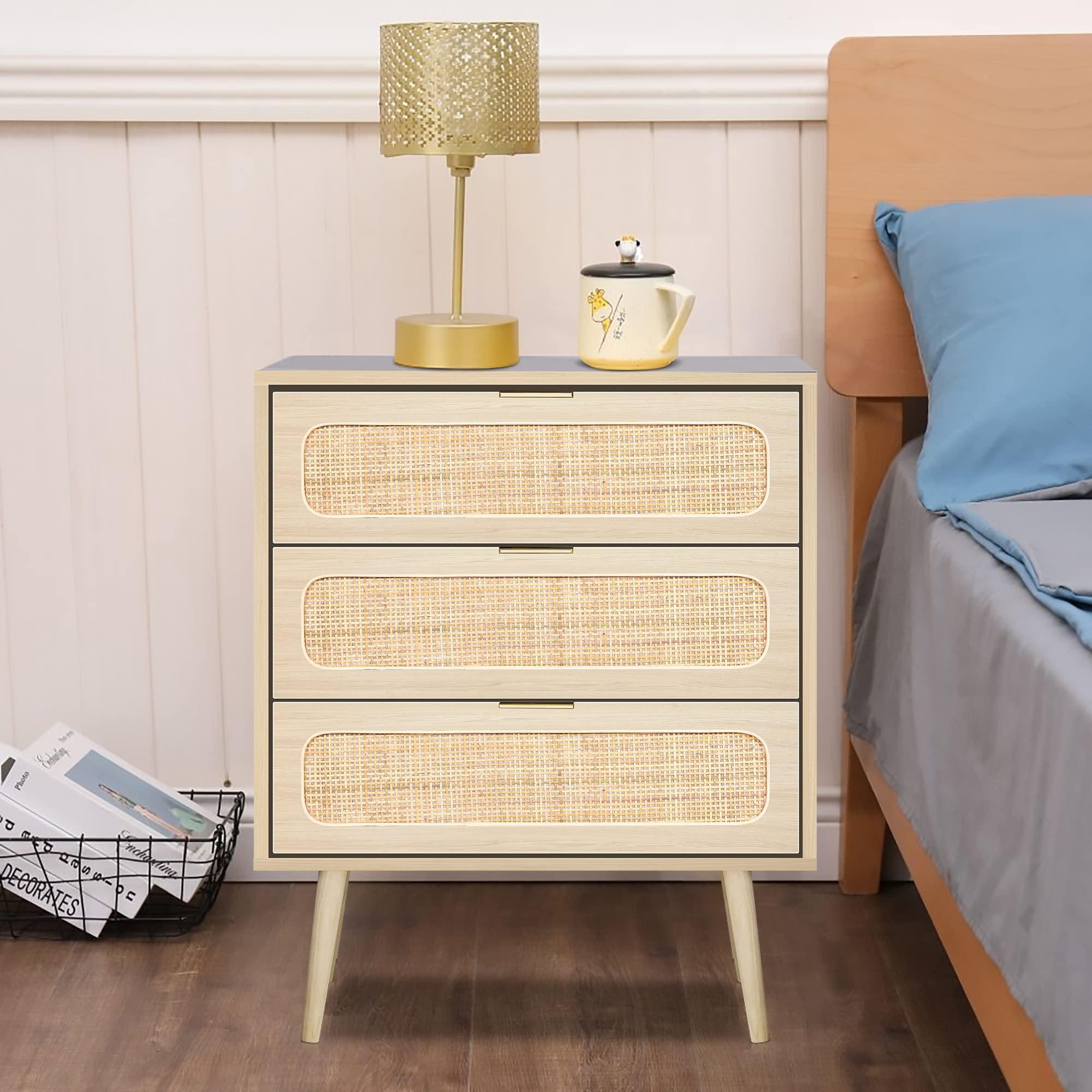 QHITTY QHITTY Drawer Dresser, Rattan Chest of Drawers with 3 Drawers Dresser, Accent Storage Cabinet Modern Bedside Table for Living Room, Bedroom, Entryway (Natural)