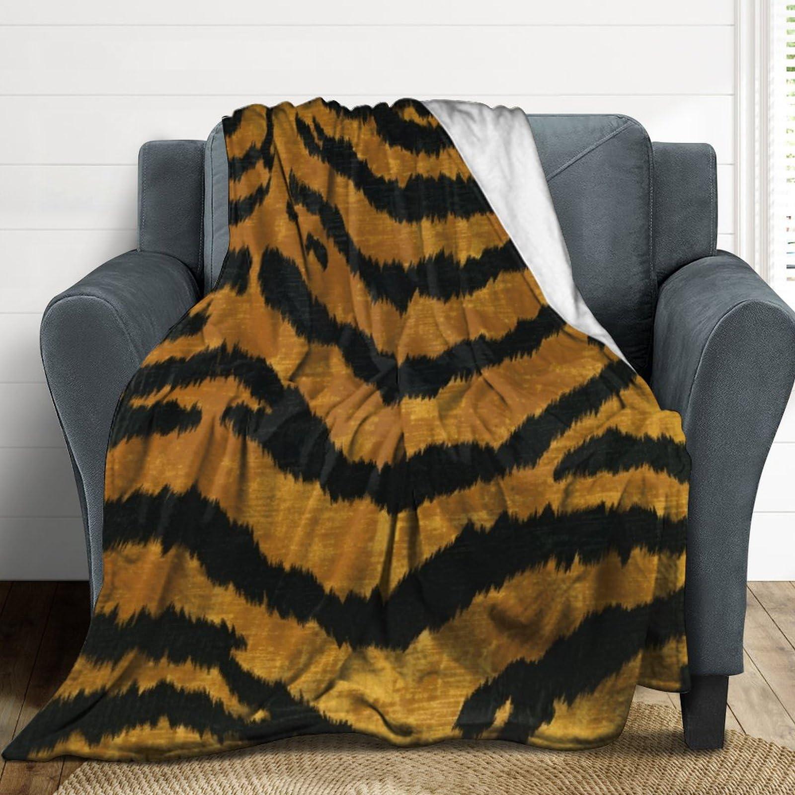 MangGou MangGou Brown Gold Black Tiger Print Bed Blankets Animal Print Tiger Stripes Fleece Blanket Chinoiserie Style Warm Throw Blanket for Bed Sofa for All Seasons 70x80in Winter Christams Gift