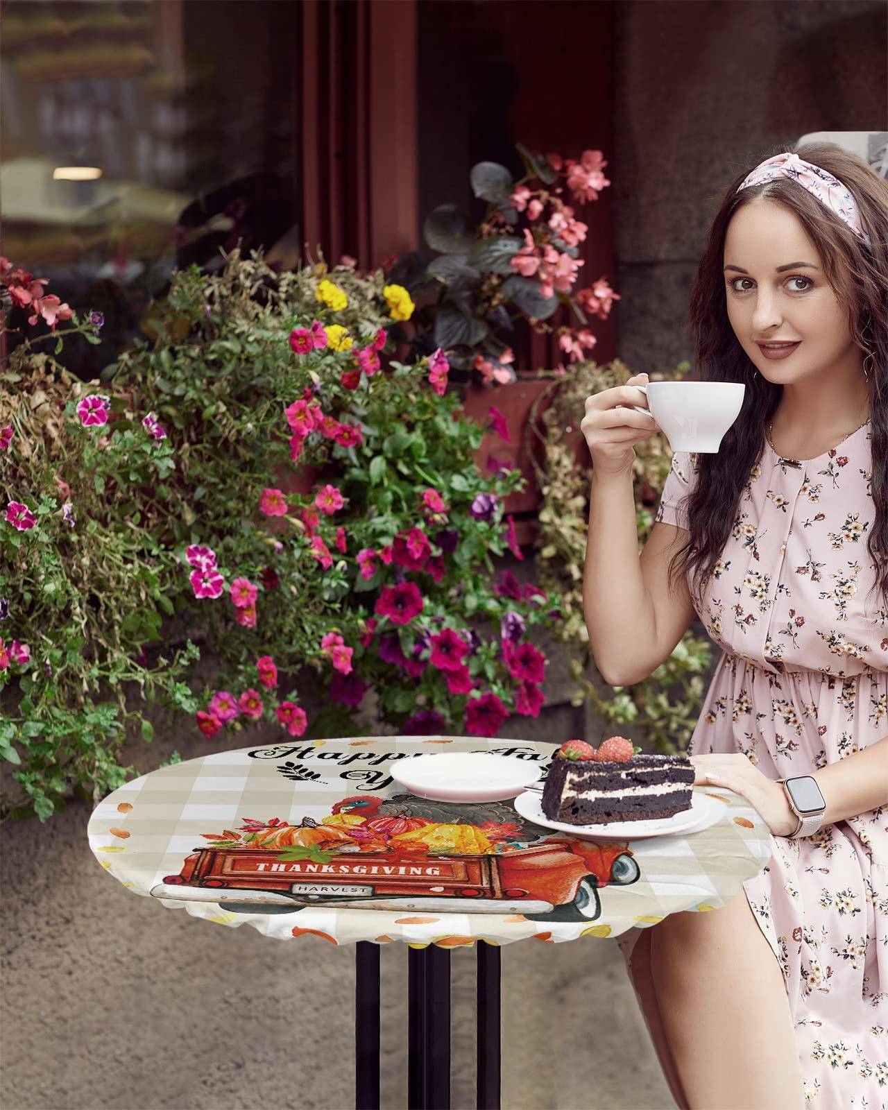 SEVENBABU Round Table Cover 55-60 Inch, Waterproof Reusable Table Cloth Round Fitted Vinyl Tablecloth with Elastic Edged for Party, Happy Fall Y\'all Farm Truck with Turkey Floral Leaves Modern Checkered