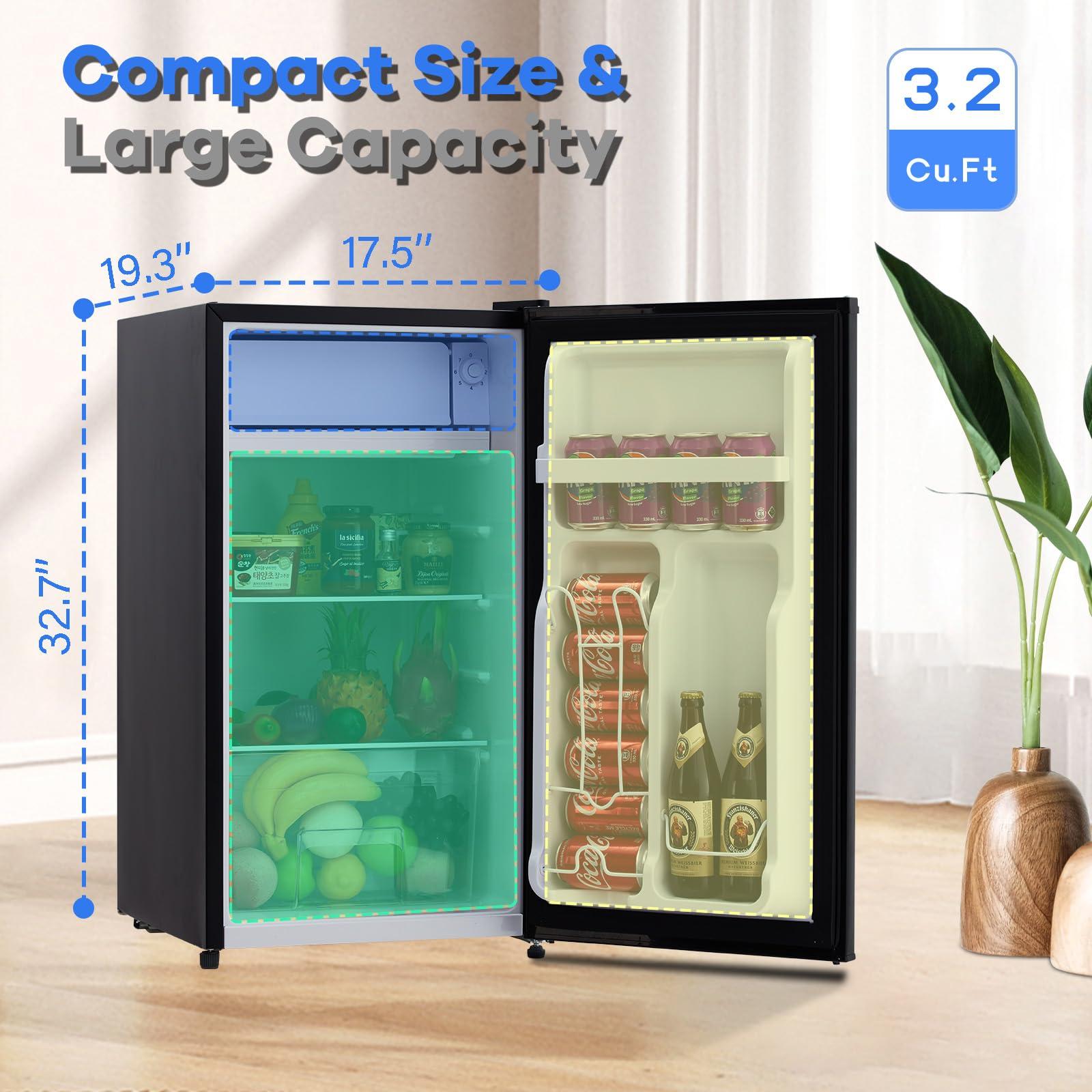 Aprafie Saving Mini Fridge with Freezer - Portable Mini Fridge 3.2 Cu.Ft Capacity, Single Door Design, Ideal for Bedroom, Apartment, or Office - Food Storage, Drink Cooling