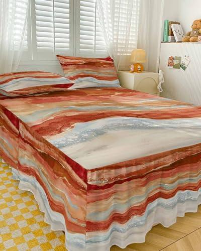 RisQiten RisQiten Burnt Orange Coastal Bed Skirt Sheet Set 1 Bed Sheet & 2 Pillowcases, Bed Skirt Cal King Size 18 Inch Drop, Summer Beach Nautical Abstract Art Wrap Around Bed Skirts, Bedding Skirt Bedspread
