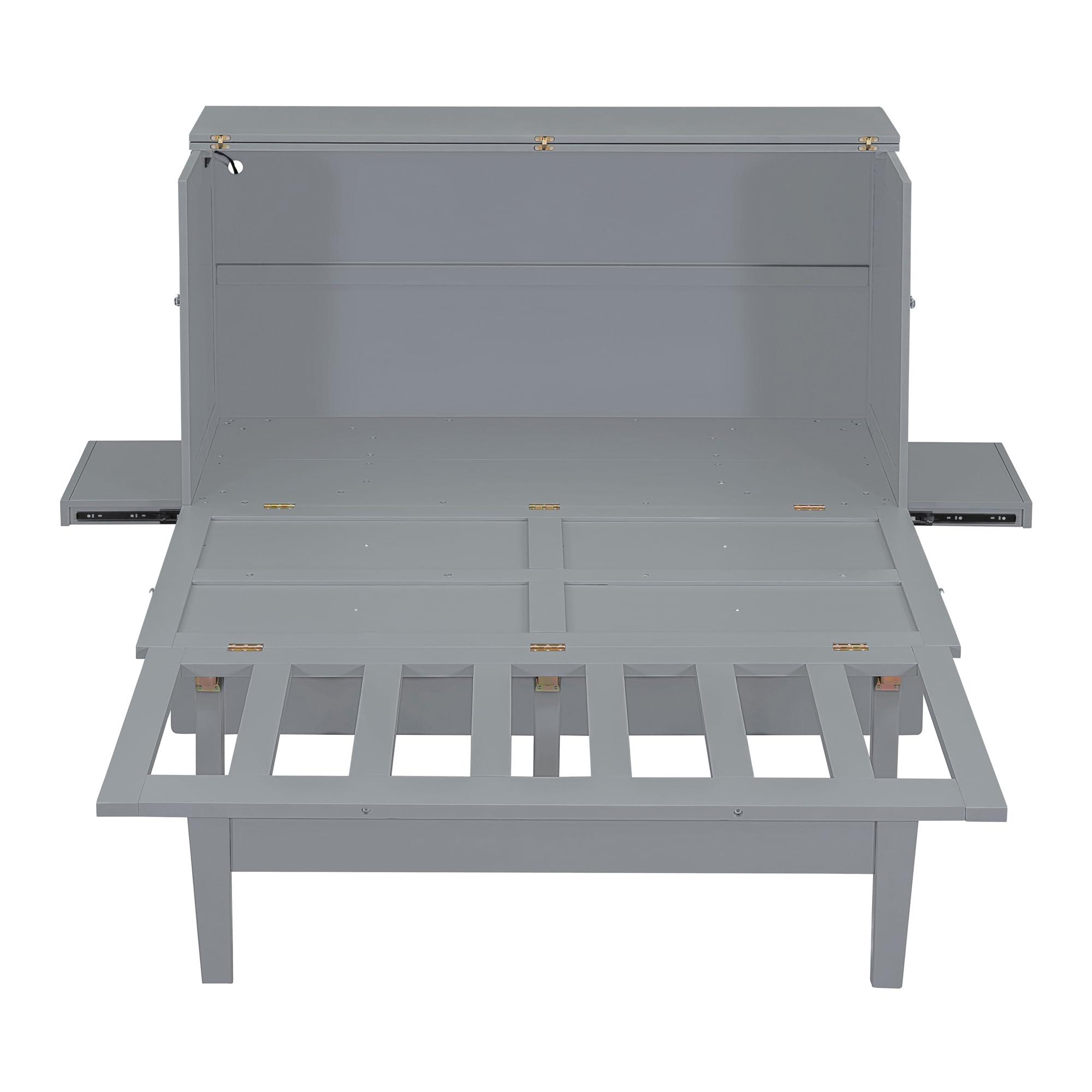 RuiSiSi RuiSiSi Queen Murphy Bed Wall Bed with USB Port, Foldable Platform Bed Frame with Removable Shelves on Each Side, for Home Office Small Room, Gray