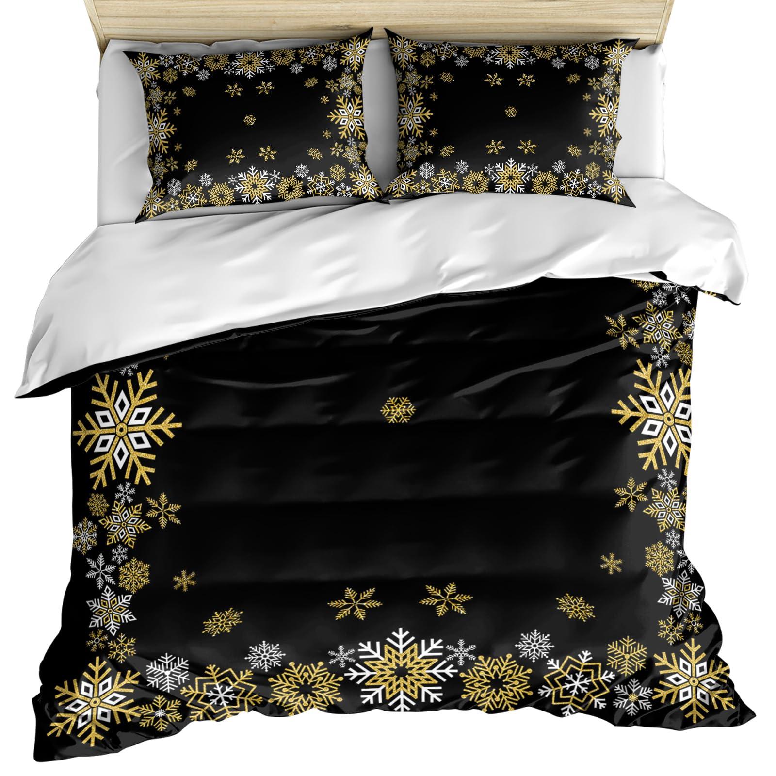 Debedcor Christmas Duvet Cover Cal. King Size, Yellow White Snowflake Winter Black Xmas Comforter Cover with Zipper Closure, 3 Piece Bedding Sets 1 Duvet Cover 90x106 Inches and 2 Pillow Shams