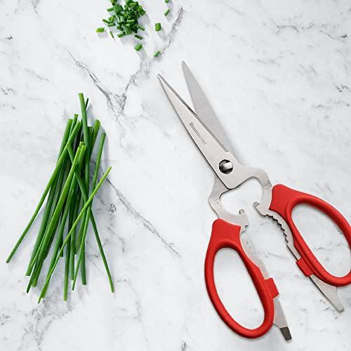 Messermeister Messermeister 8-Inch Take-Apart Kitchen Scissors, Red - Includes Screwdriver, Nut Cracker, Jar Lid Opener/Gripper, Bottle Opener & Bone + Twig Cutter - Suitable for Lefties & Righties