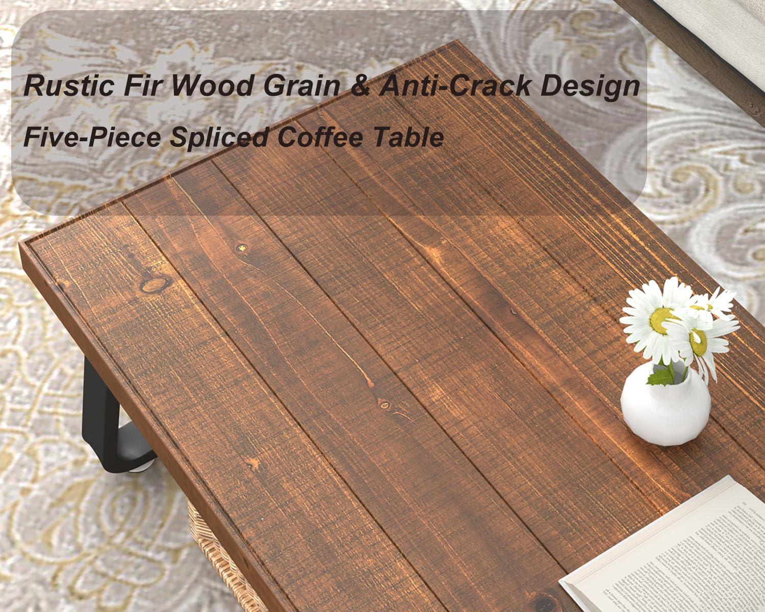 IBF IBF Natural Wood Coffee Table, Rustic Solid Real Wood Center Table for Living Room, Rectangle Metal Modern Industrial Minimalist Wooden Cocktail/Tea Table, Rustic Brown, 47 Inch