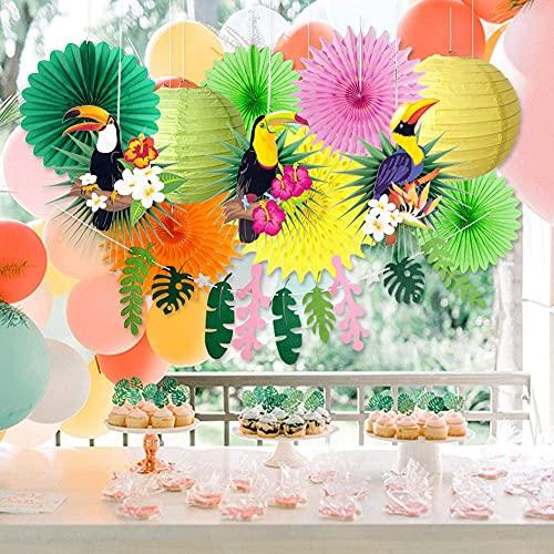 PAPER JAZZ Tropical Bird Toucan Leaf Garland Party Kit for Summer Hawaiian Luau Tiki Tropical Jungle Themed Party Decorations Luau Party Supplies Decor with Paper Palm Leaves Paper Fan Paper Lanterns