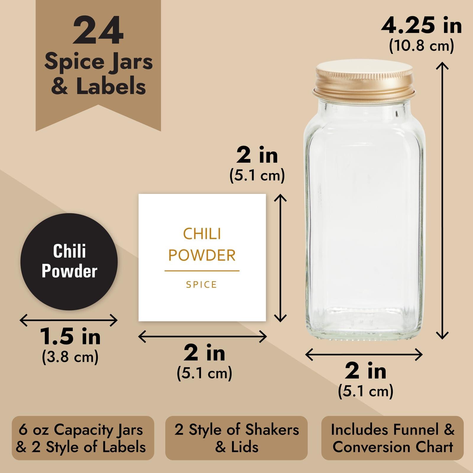 Talented Kitchen Talented Kitchen 24 Pack 6 Oz Glass Spice Jars with Shaker Lids, 328 Preprinted Labels, Gold Caps, and Gold Lids with Seasoning Containers Labels