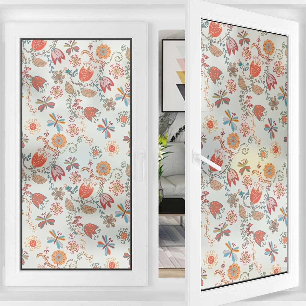 JIXIRUY Window Film Sun Blocking Floral Ornate Removable Static Decorative Privacy Window Films