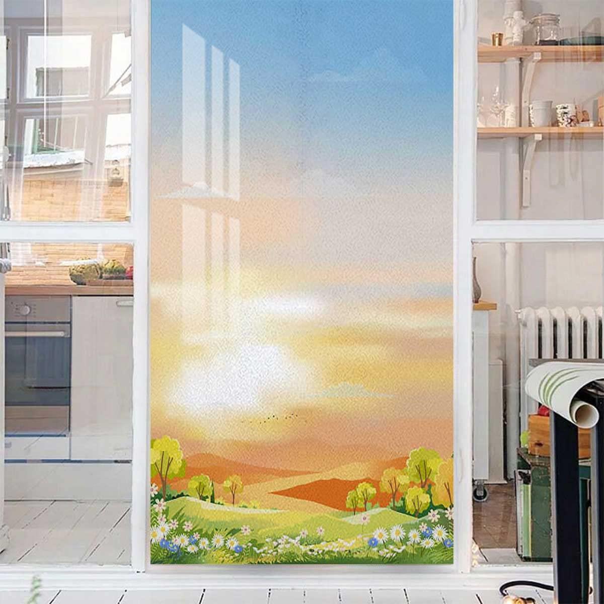 Generic Privacy Window Films, Decorative Window Tint Static Cling Glass Treatment ,Decoration, Heat Control, UV Prevention, Cartoon Farm Landscape Blue Green 17.7Wx23.6L-inch