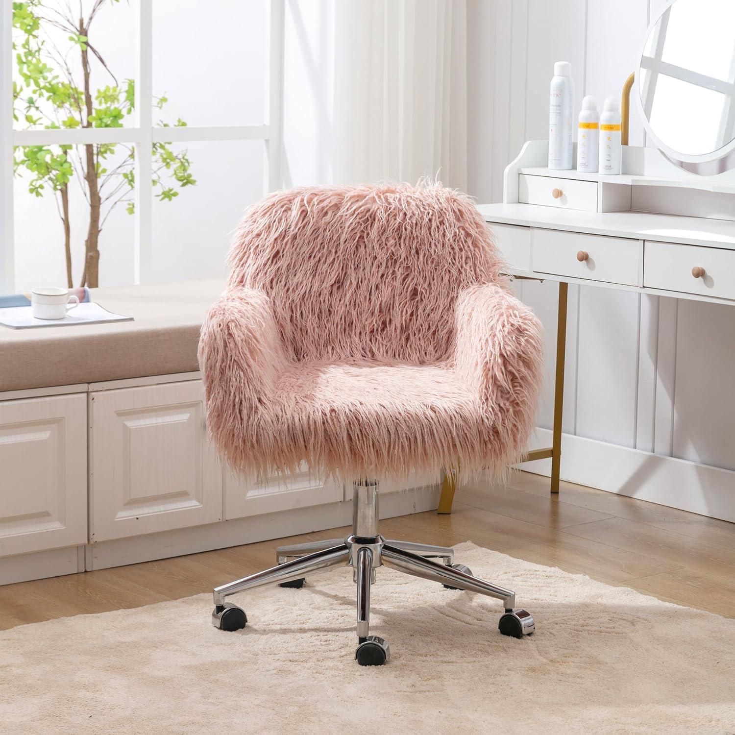 HomVent HomVent Faux Fur Vanity Chairs with Wheels Pink Furry Makup Desk Chair for Kids,Women,Grils,Cute Home Office Computer Chair,Swivel Task Arm Chairs for Bedrooms,Living Room,Study,Dressing