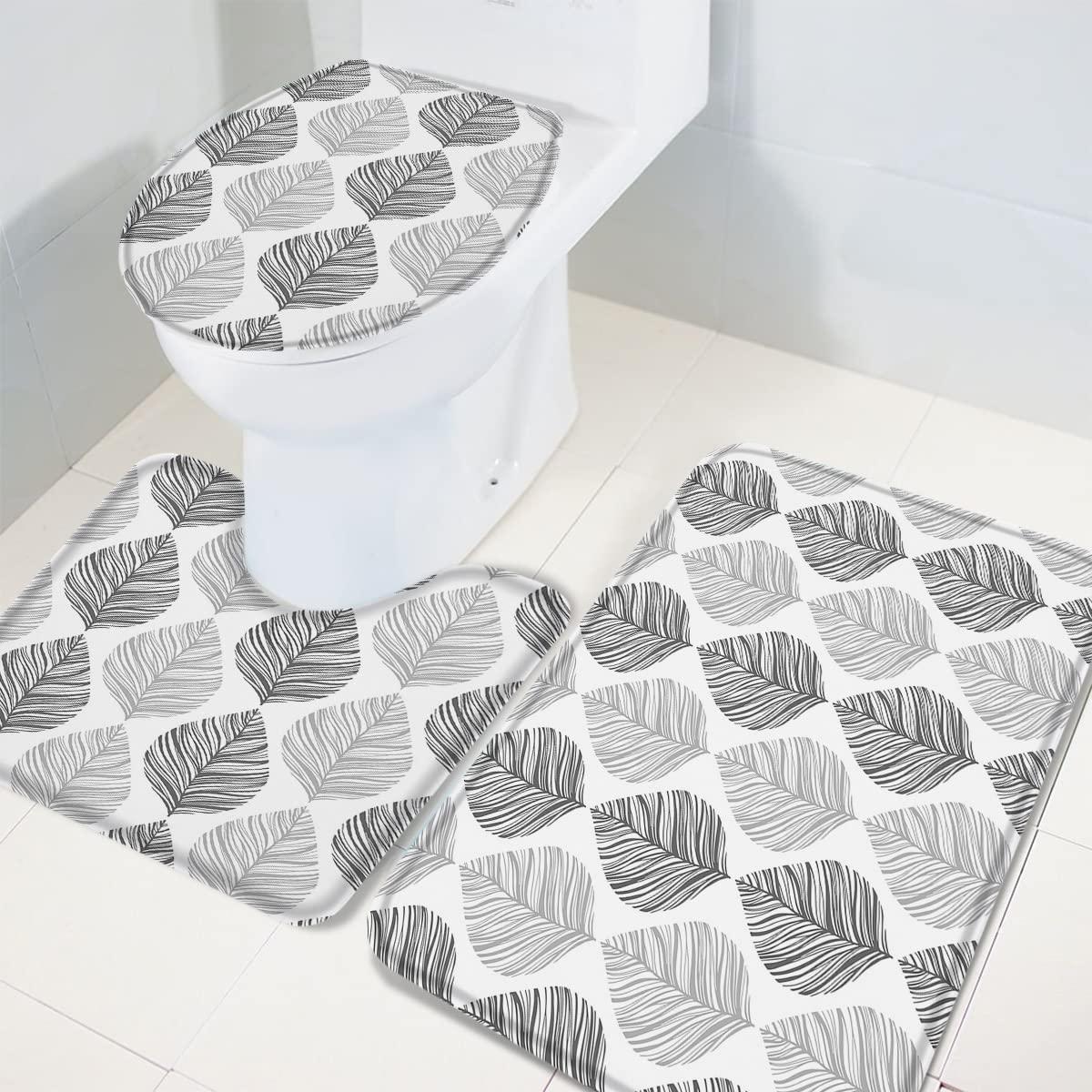 Big buy store Ombre Grey Leaves Bathroom Rug Set of 3 Include Non-Slip Contour Mat, U-Shape Toilet Lid Cover and Absorbent Bath Mat, Plant Textured Home Bath Decor - Small
