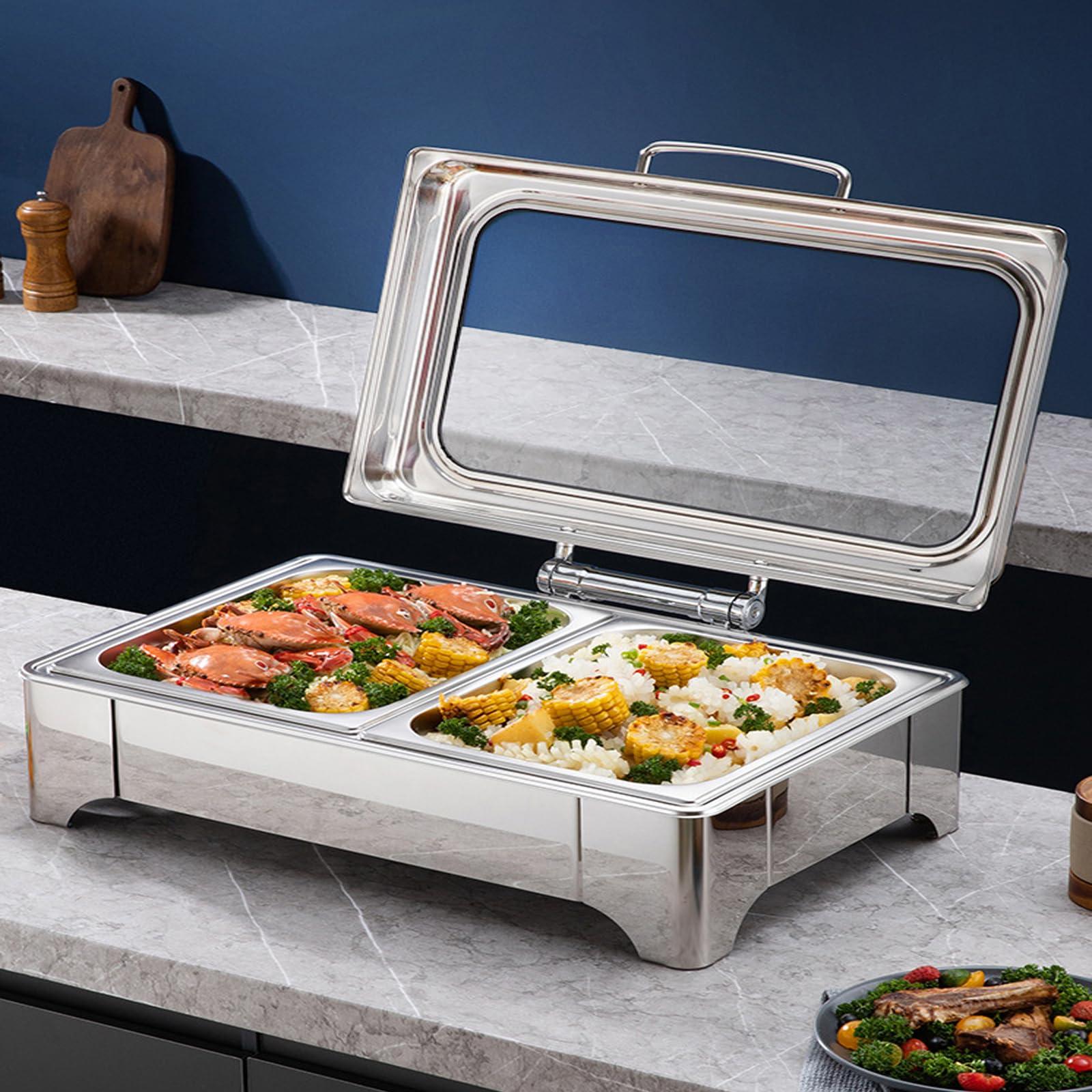 YOtat Chafing Dish Buffet Set,Stainless Steel Catering Serve Chafer,Restaurant Food Warmer, Rectangular Buffet Stove Food Pans and Foldable Frame for Party (A Double Grid)