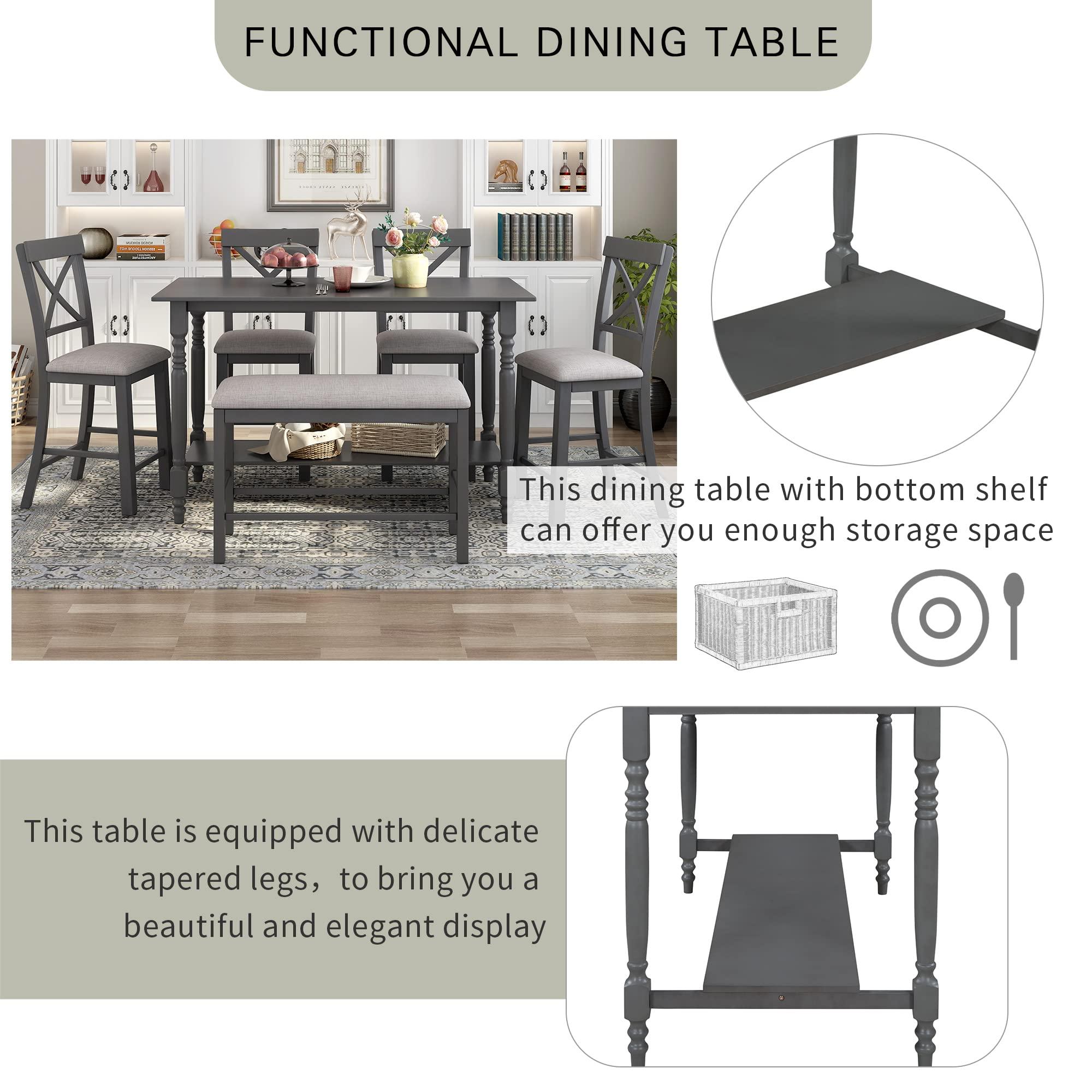 LZ LEISURE ZONE LZ LEISURE ZONE 6-Pieces Counter Height Dining Table Set, Dining Table and Chairs Set, Kitchen Table with Shelf 4 Chairs and Bench for Dining Room, Gray+Beige
