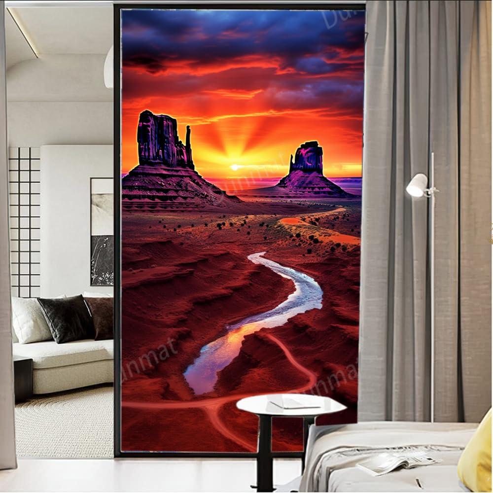 SOPIYRIO SOPIYRIO Fantasy Desert Stained Glass Window Film Beautiful Sky Sunset Monuments Privacy Window Film Non-Adhesive Glass Film Decorative Static Cling Film for Home Office 35.4Wx55.1L inch