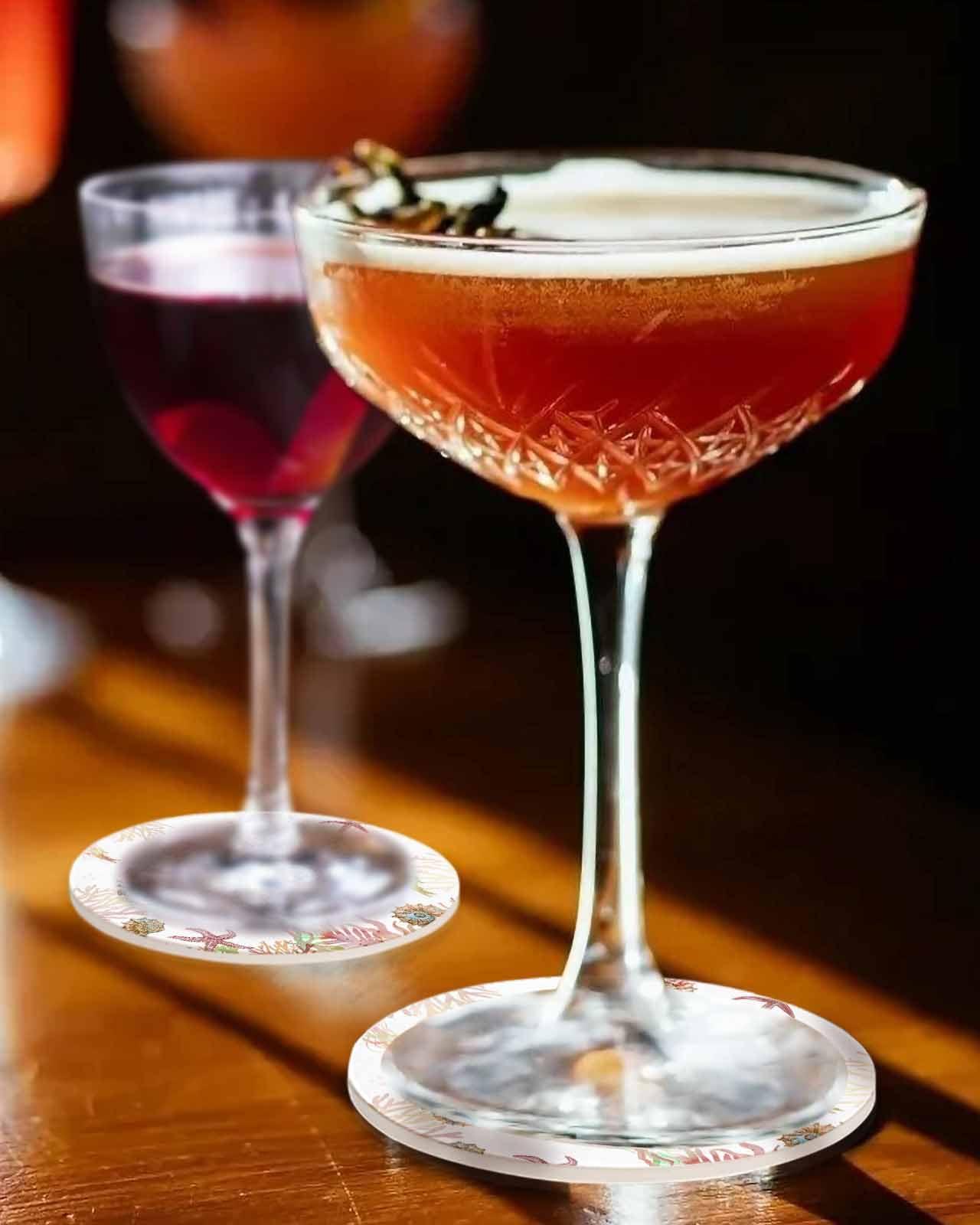 EwdeWwo Ocean Absorbent Coaster for Drinks with Cork Summer Marine Life Nautical Seahorse Starfish Ceramic Coasters Set for Room Decor, Bar, Housewarming, Holiday Party (6-Piece Set with Holder)