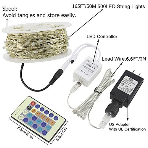 RUICHEN RUICHEN Dimmable Purple Fairy Lights Plug in, Super Long 165 Ft 500 LED Twinkle String Lights with Remote, Waterproof Silver Wire Lights for Christmas Halloween Party Bedroom Patio Garden