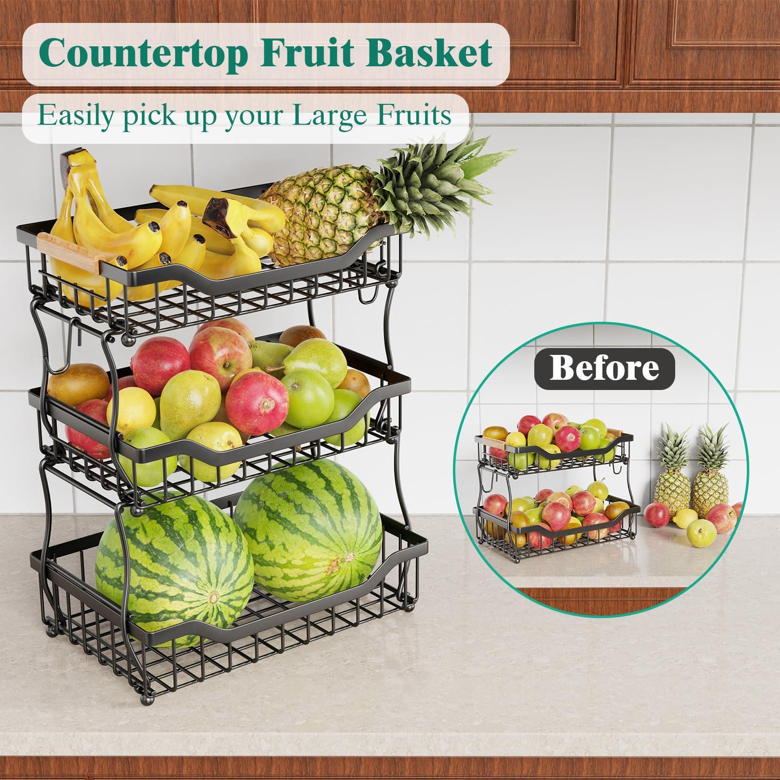 Giwil Giwil 3 Tier Countertop Fruit Basket for Kitchen, Vegetable Storage Basket Bread Fruit Bowl Stand with 2 Banana Hooks, Wall Mounted Metal Wire Basket Organizer for Potato Onion, Black