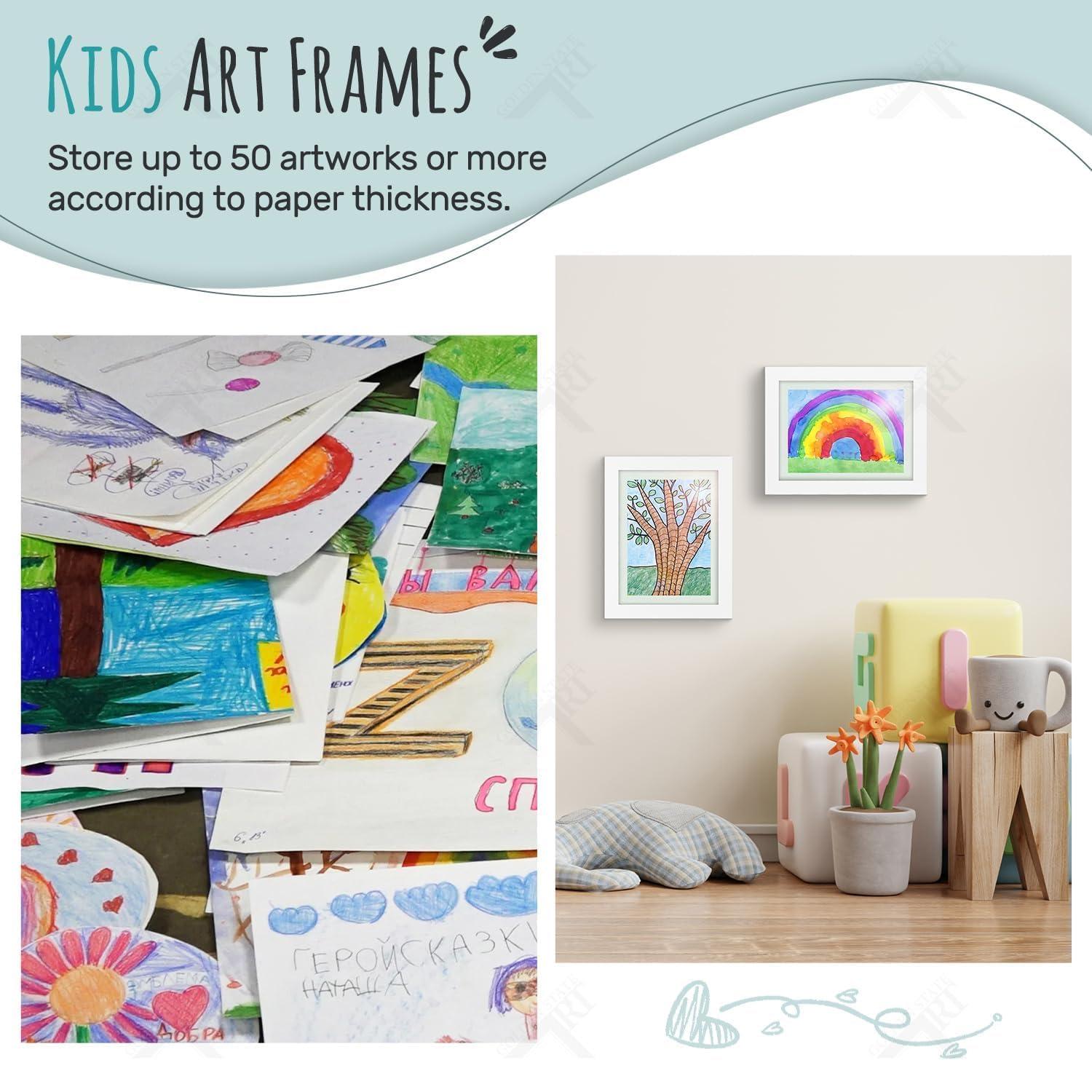Golden State Art Golden State Art, Kids Art Frames Front Opening Holds 50 Pack, Kids Artwork Frames Changeable 9X12, White Storage Frame Display for Kid Artworks, Children Art Projects/Drawing, 3D Picture, 4 Pack