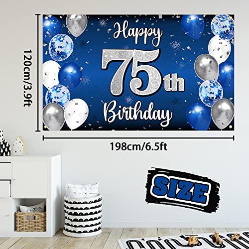 Nelbiirth Nelbiirth Happy 75th Birthday Decorations,75th Blue & Silver Balloon Large Birthday Banner Backdrop Sign,75th Bday Party Supplies.