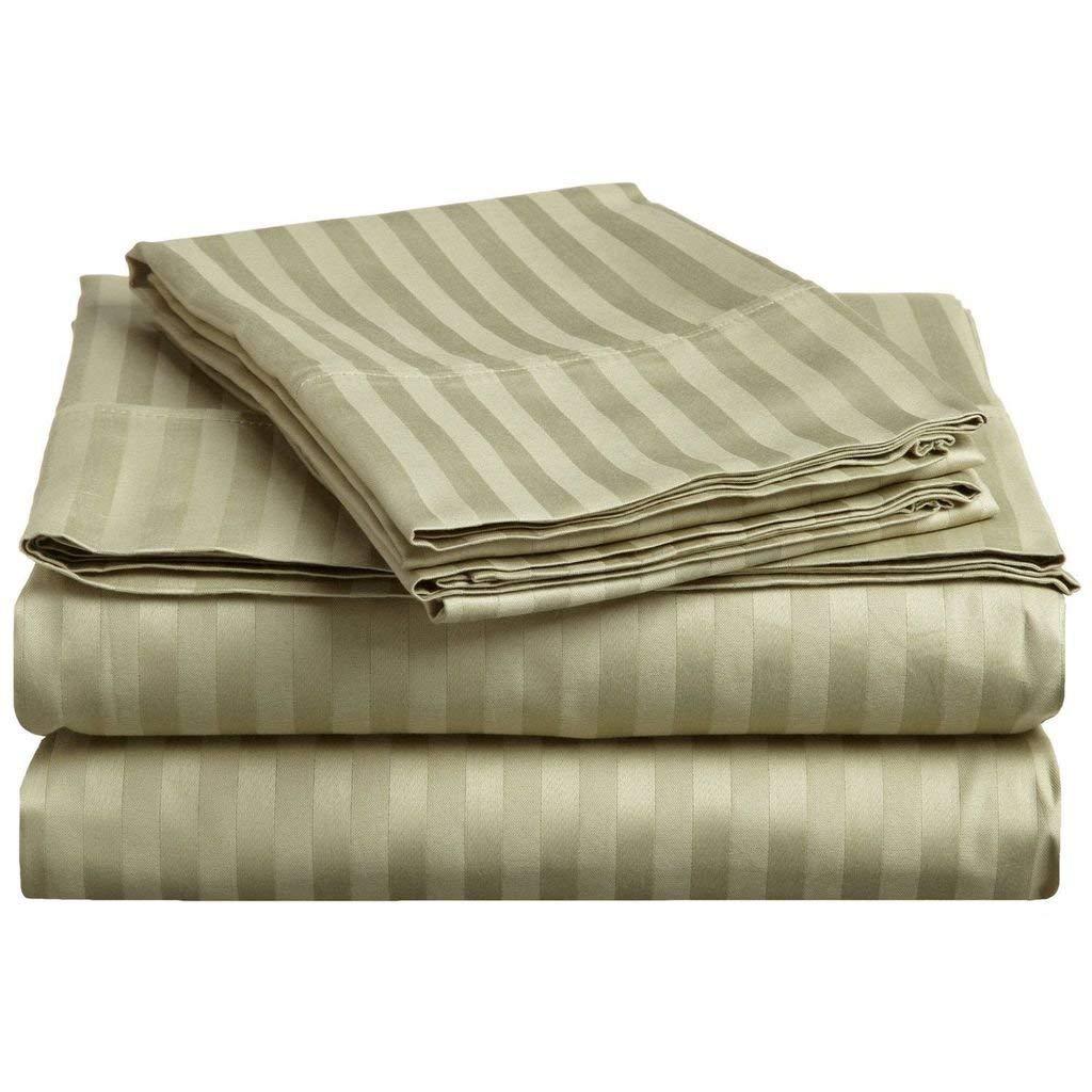 Himeya Bedding Heavy 1500 Thread Count Best 100% Cotton 4-PCs Sheet Set Fits Mattress 25-28\'\' Deep Pocket (California King Size) Bedding Sheets for Bed (Stripe, Sage Green)