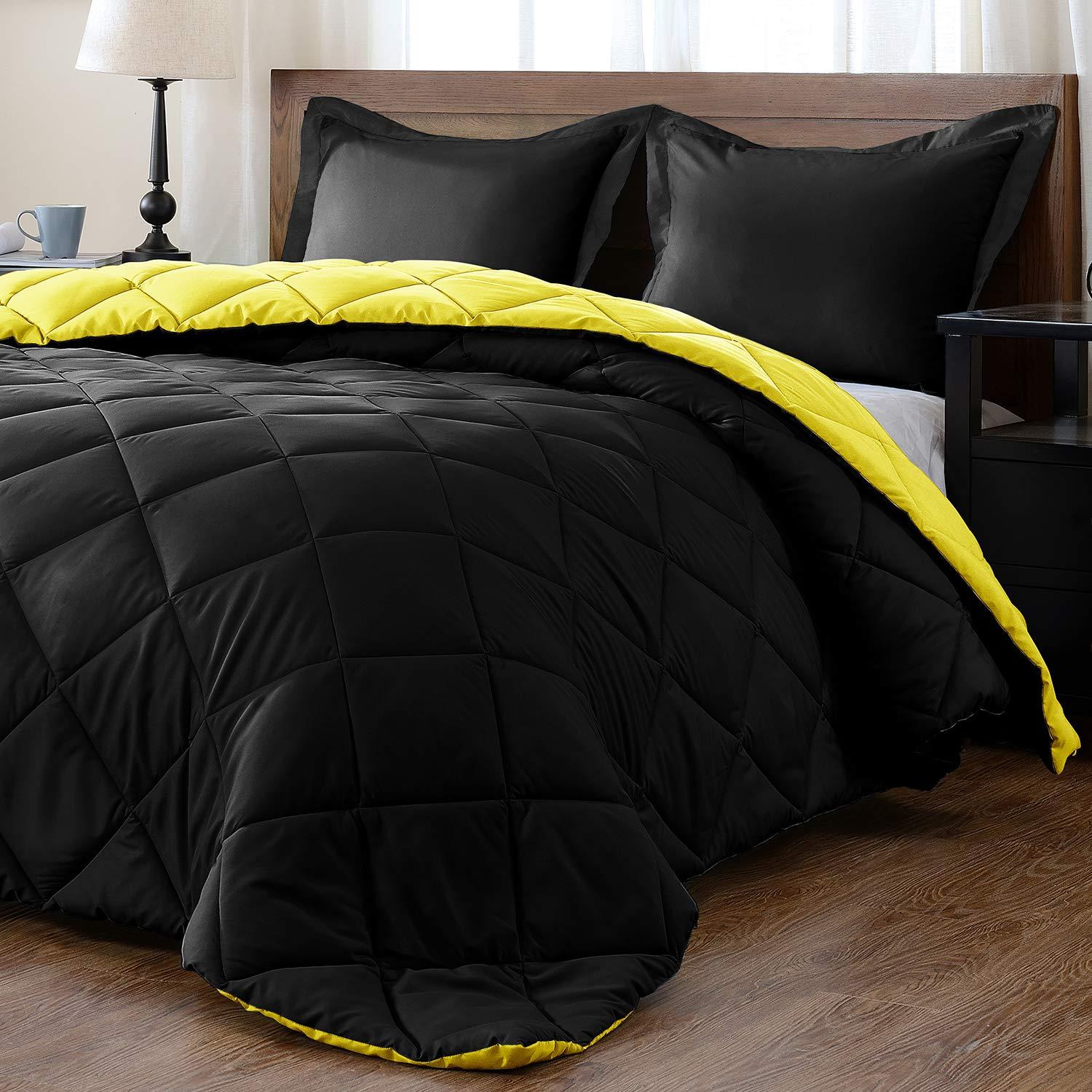 ComfyRight Reversible Comforter Down Alternative 3 Pcs Comforter Set (Lemon/Black, California King ( 94\'\' x 106\'\' ) 3 Pcs) 1 Comforter with 2 Pillowcase 1000 Tc Soft Cotton