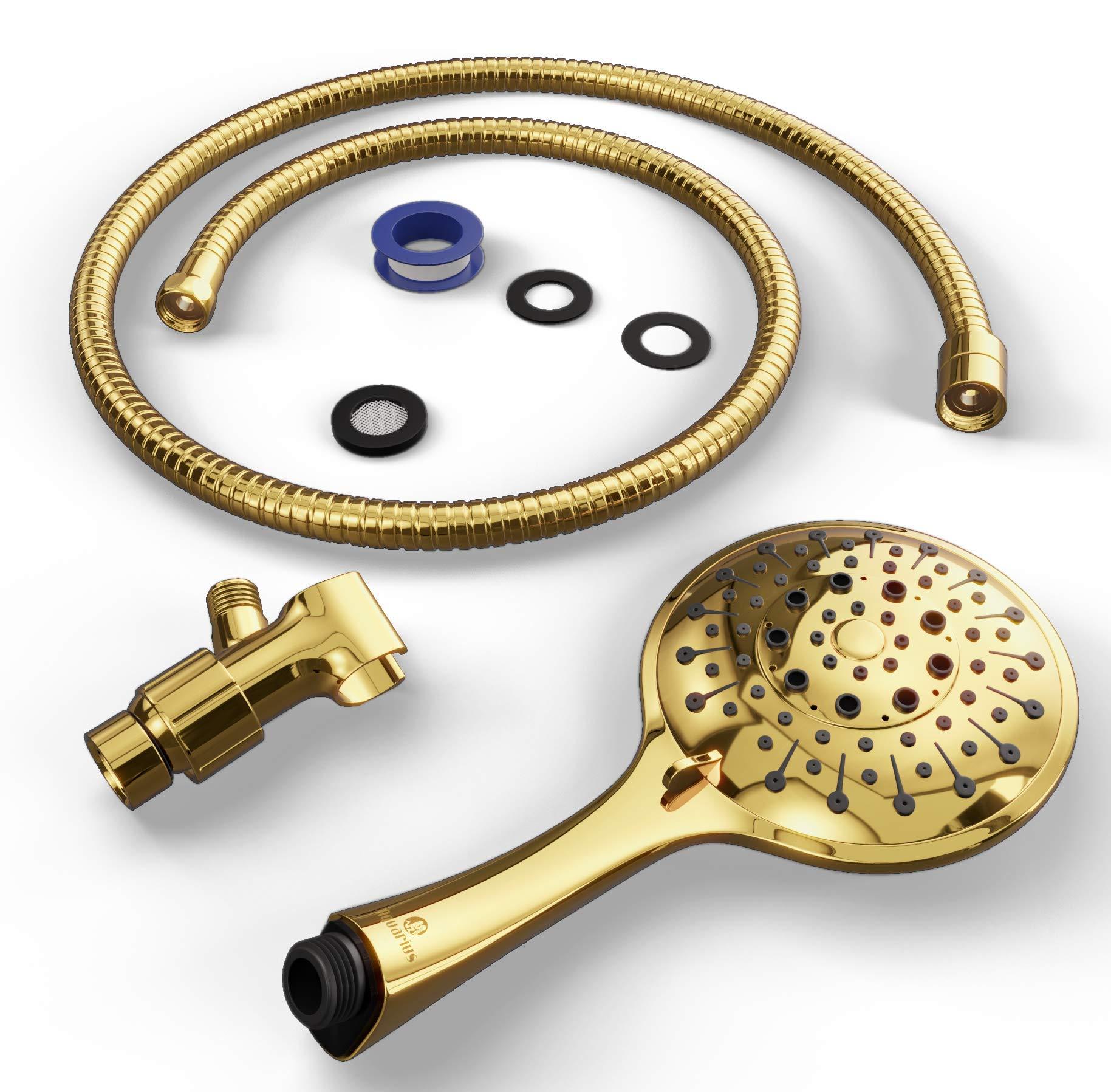 Wellness & Co Aquarius Gold Shower Head With Handheld Sprayer, 6 Spray Settings High Pressure Polished Brass Shower Head With Hose (Extra Long) & Adjustable Brass Ball Bracket Kit, Shower Head Gold Finish