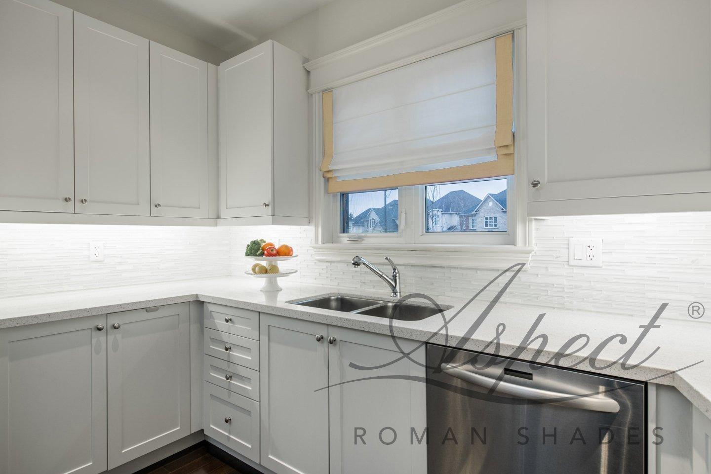 LOGANOVA Shades LOGANOVA Flat Roman Shade Chevalle Maize. White background with cream yellow border on three sides and chain mechanism. Custom made.