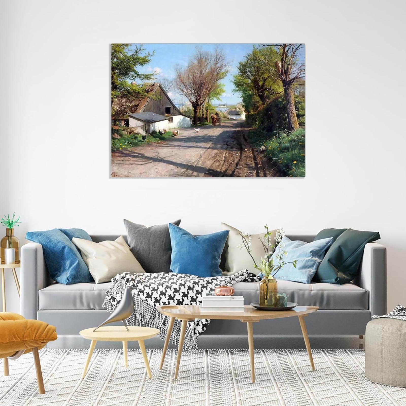 MOBYAT MOBYAT Peder Mork Monsted Village life, an early spring day with a view of Roskilde Fjord 1921" Canvas Oil Painting Decoration 60x40cm(24x16in) internal frame