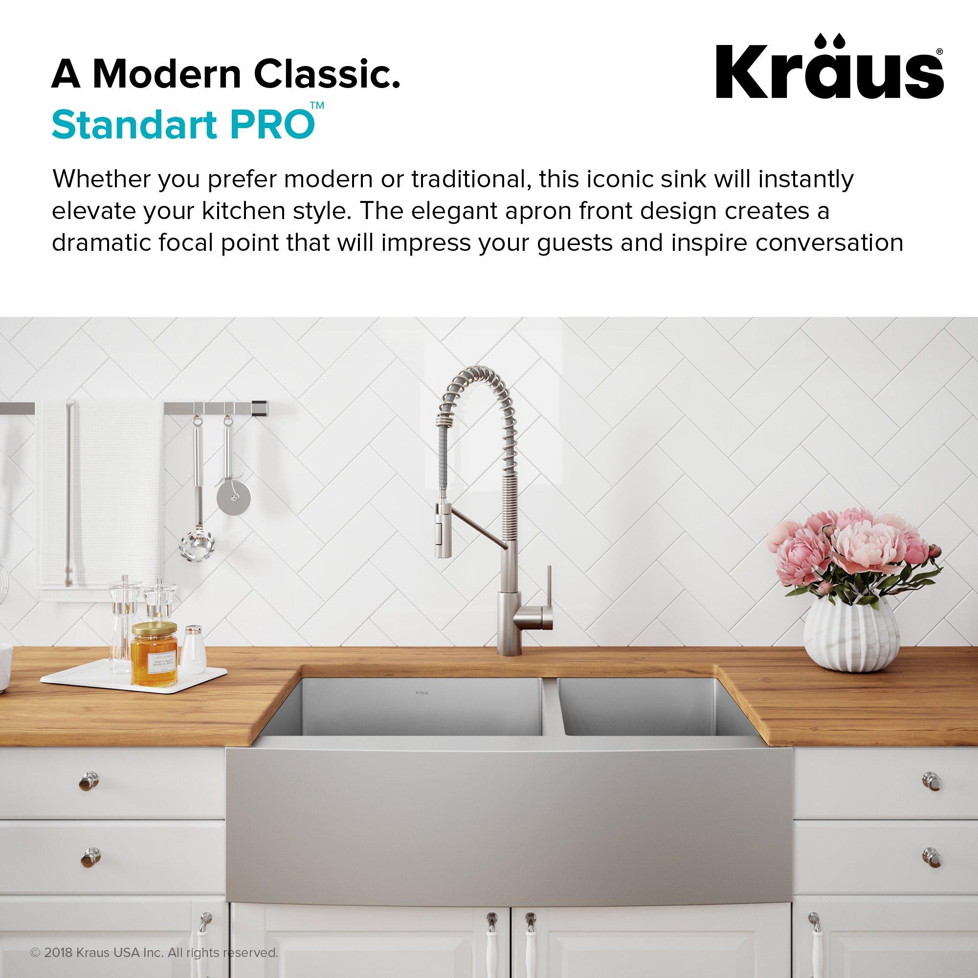 Kraus KRAUS Standart Pro 33-Inch Apron Front Farmhouse 16-Gauge 60/40 Double Bowl Stainless Steel Kitchen Sink, KHF203-33