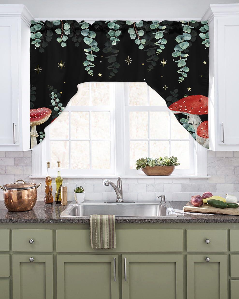 Onekaccu Mushroom Eucalyptus Swag Valances for Kitchen Window, Swag Curtains Drapes for Bedroom Bathroom Over Sink Floral Leaf Stars Moon Black Backdrop Rod Pocket Window Treatment Decor Valances, 56x36 Inch