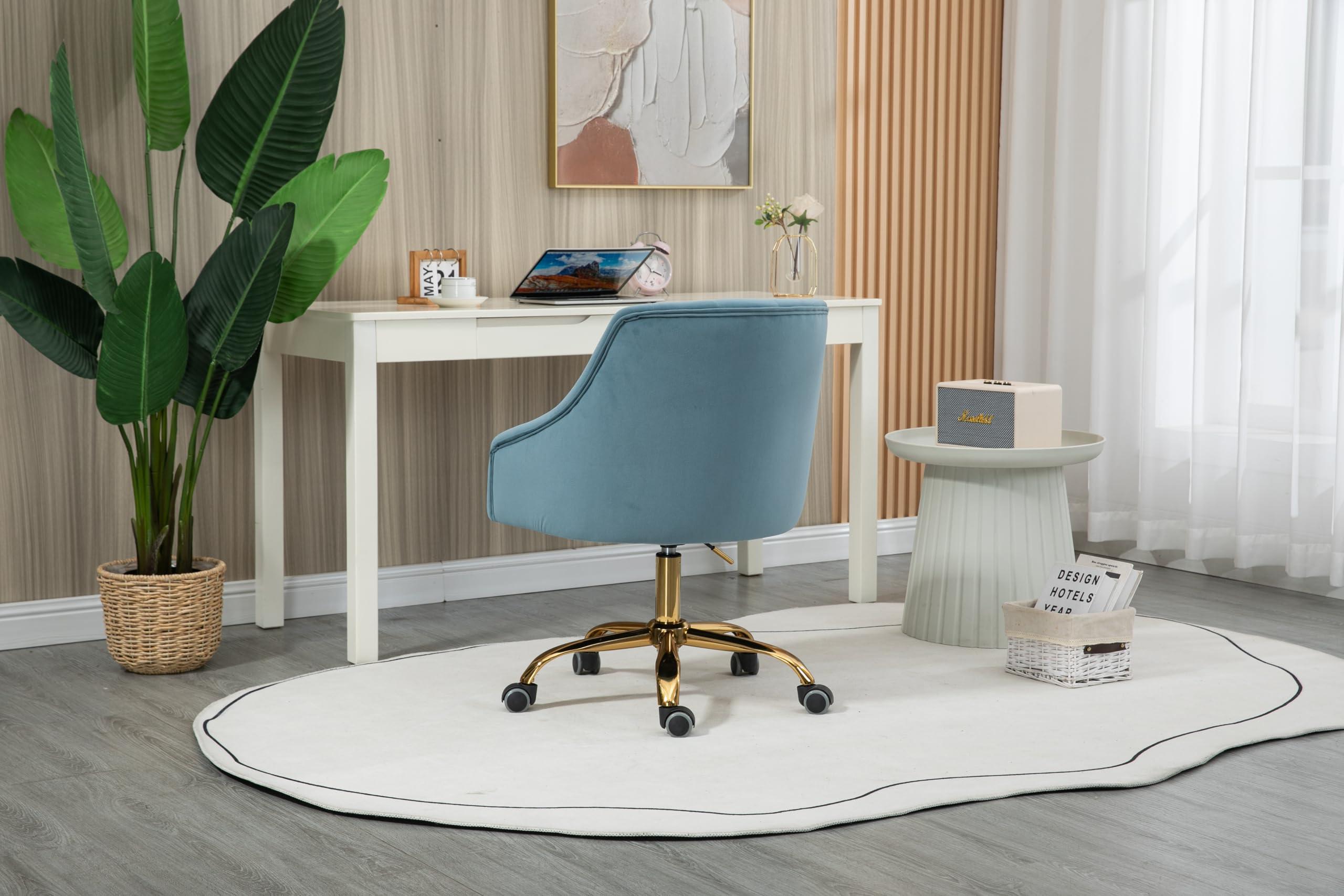 ZOBIDO ZOBIDO Comfy Home Office Task Chair with Wheels, Cute Modern Upholstered Velvet Seashell Back Adjustable Swivel Vanity Desk Chair, for Women, for Girls, Living Room(Haze Blue)